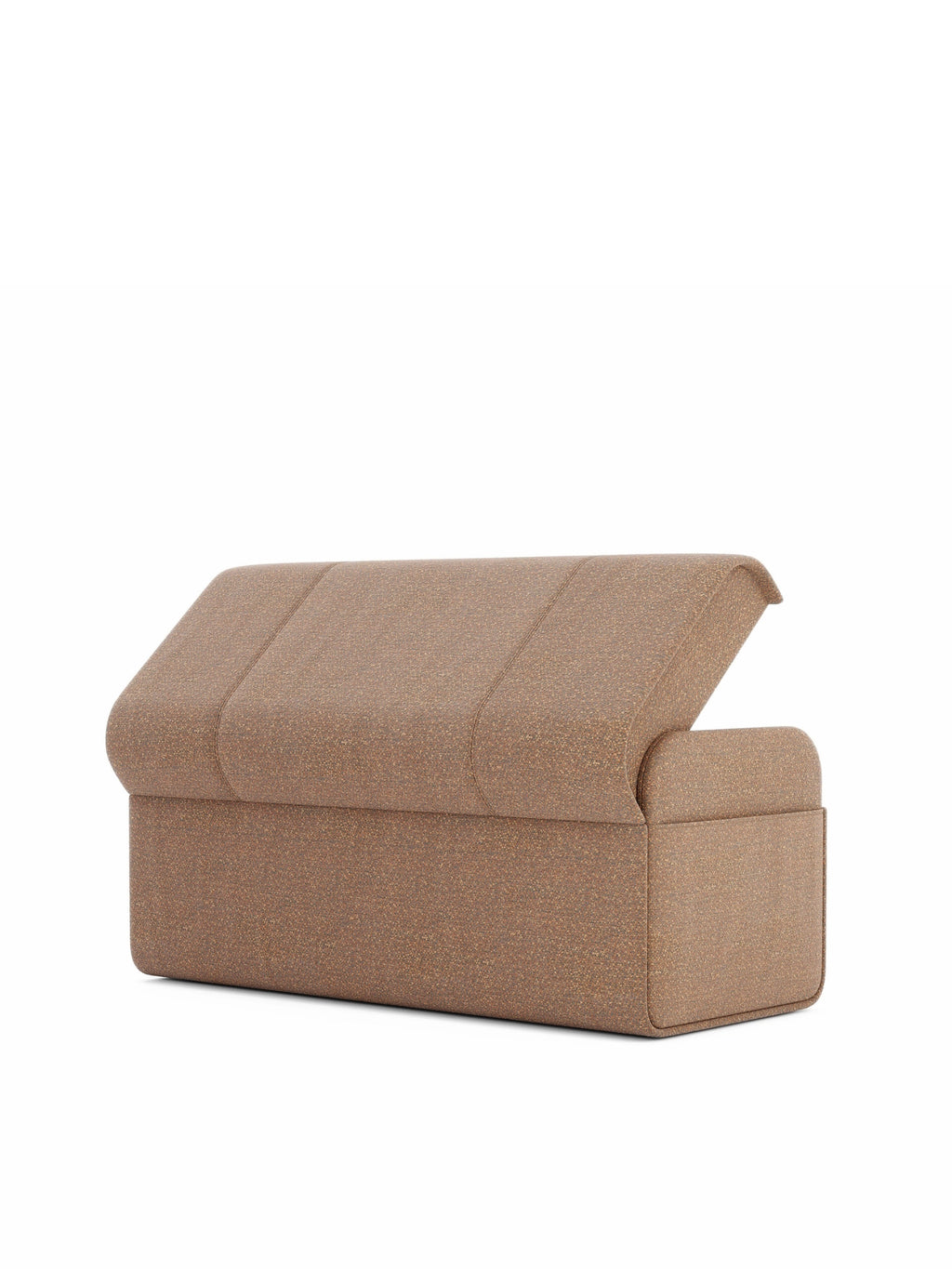 Domkapa Adley Bench, a modern minimalist storage bench upholstered in a warm oatmeal brown textured fabric with a subtle flecked finish, featuring a sleek rectangular base and a distinctive curved, hinged top that opens for discreet storage. This contemporary accent bench is perfect for stylish entryways, bedrooms, or living rooms seeking functional elegance.