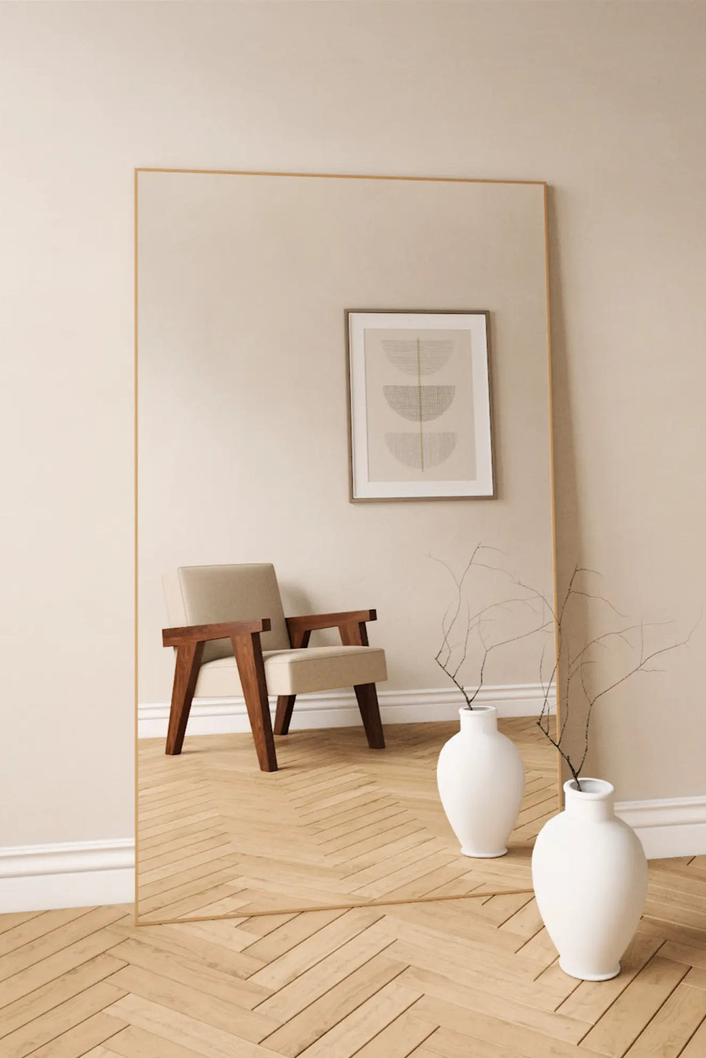 TCL Studios Sleek Full Length Mirror, a modern minimalist rectangular mirror featuring an ultra-thin brushed champagne gold metal frame. This tall, contemporary floor mirror offers a clean, elegant design and expansive reflective surface to brighten any space. Ideal as a stylish dressing mirror for bedrooms, a welcoming accent in entryways, or to expand the visual space in a modern living room.