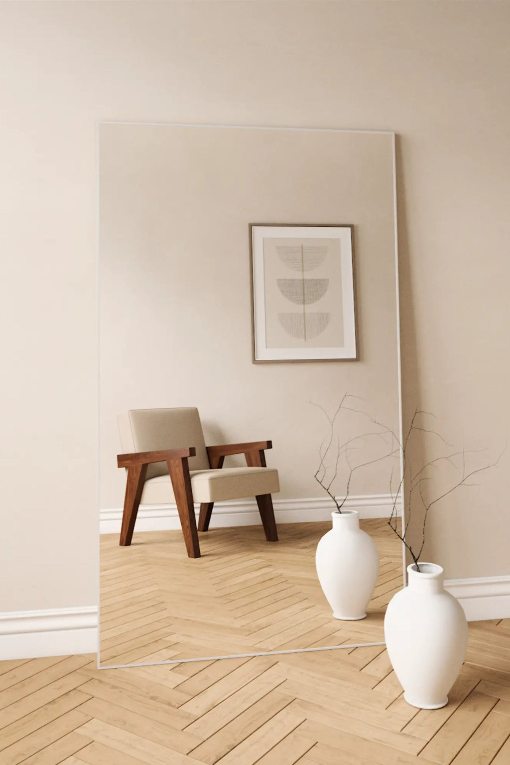 TCL Studios Sleek Full Length Mirror, a tall rectangular floor mirror designed with a modern minimalist aesthetic, featuring a clean frameless glass panel with polished edges for an uninterrupted reflection. This versatile contemporary mirror is ideal for creating an open feel in Scandinavian living rooms, bedrooms, or stylish entryways.