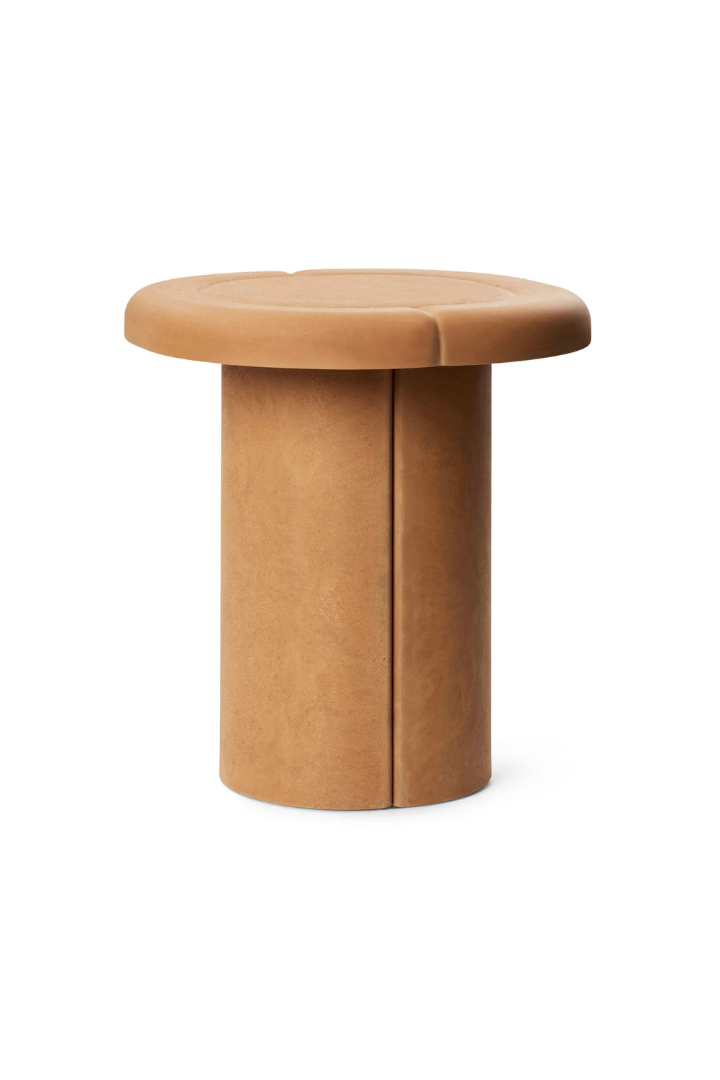 Mater Alder Side Table, a minimalist organic modern side table crafted from warm, earthy terracotta-colored stoneware. It features a sturdy cylindrical base with a subtle vertical seam and a thick, rounded tabletop with a recessed circular detail, all in a matte, natural clay finish. Perfect as a sculptural accent table for contemporary living rooms, minimalist bedrooms, or japandi-inspired spaces.