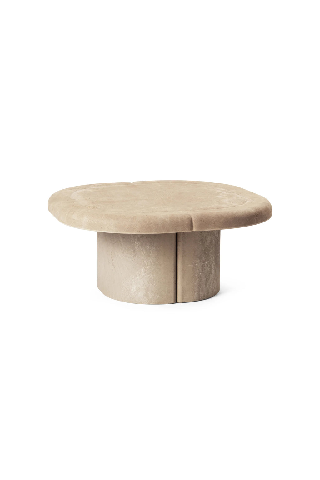 Mater Alder Coffee Table, an elegant, organic-shaped table with a wide, flat, light beige top and a solid, textured cylindrical base, presented on a crisp white background.
