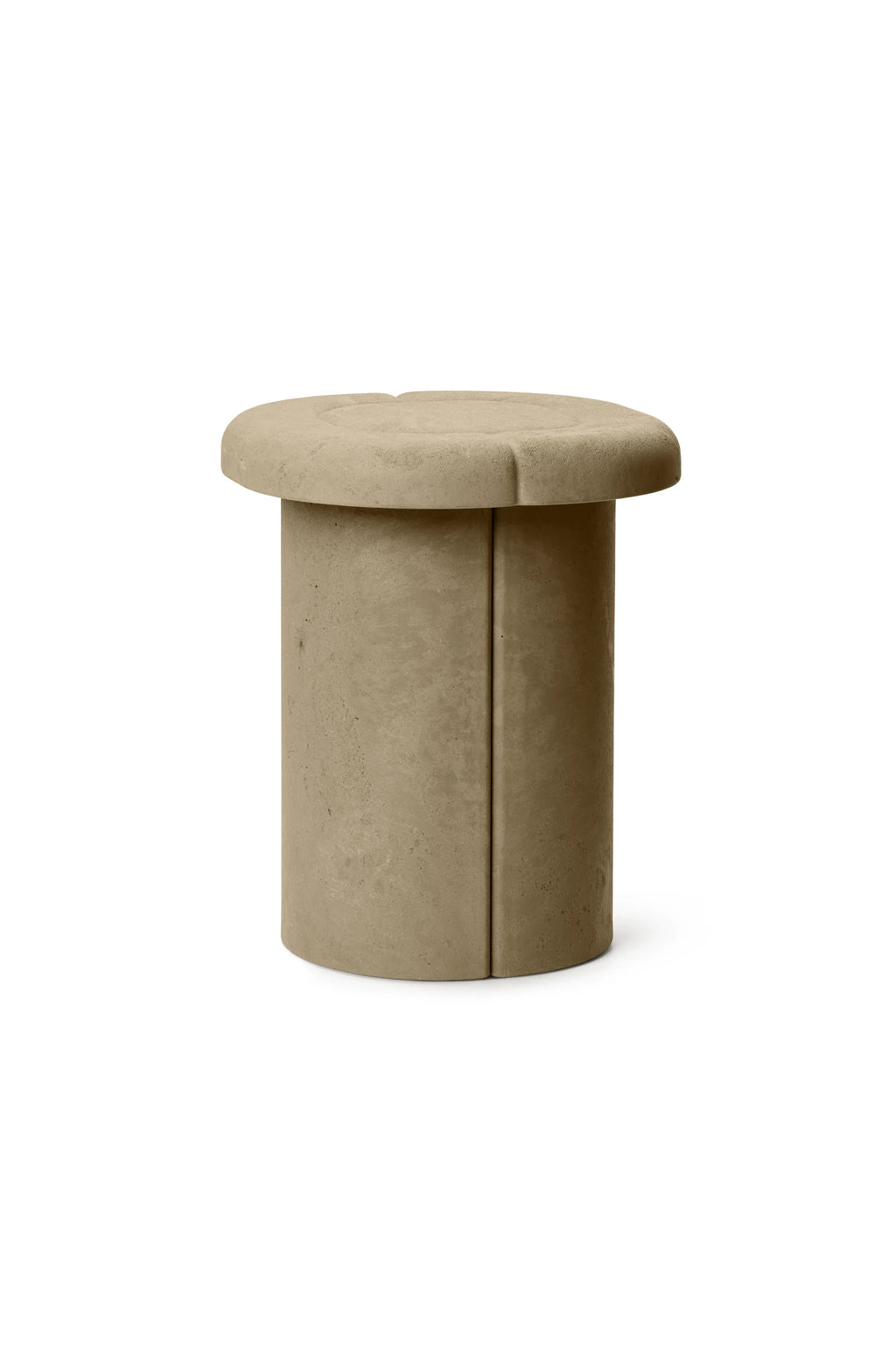 Mater Alder Stool, a minimalist and versatile piece with a round, subtly textured dark beige top and a thick cylindrical base, emphasizing its natural material on a white background.