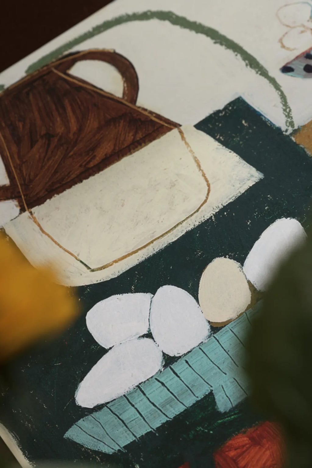 The Poster Club In the Kitchen at My Grandma, an abstract still life art print featuring a rustic, painterly illustration of a dark brown jug or pot, several off-white and cream eggs in a teal basket, all set on a dark green surface with subtle brushstroke textures. This contemporary folk art style print, rich in warm brown and cool green tones, is perfect as kitchen wall art, dining room decor, or a charming accent for a gallery wall.