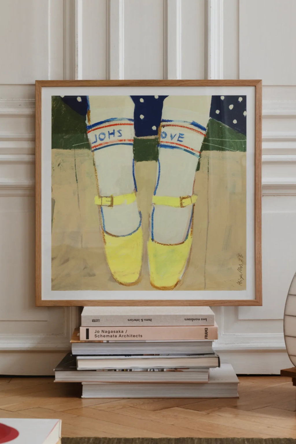 The Poster Club On the Jetty, a vibrant contemporary art print featuring a playful figurative scene with bright yellow mary jane shoes, white socks displaying "JOHS LOVE" in red and blue stripes,.