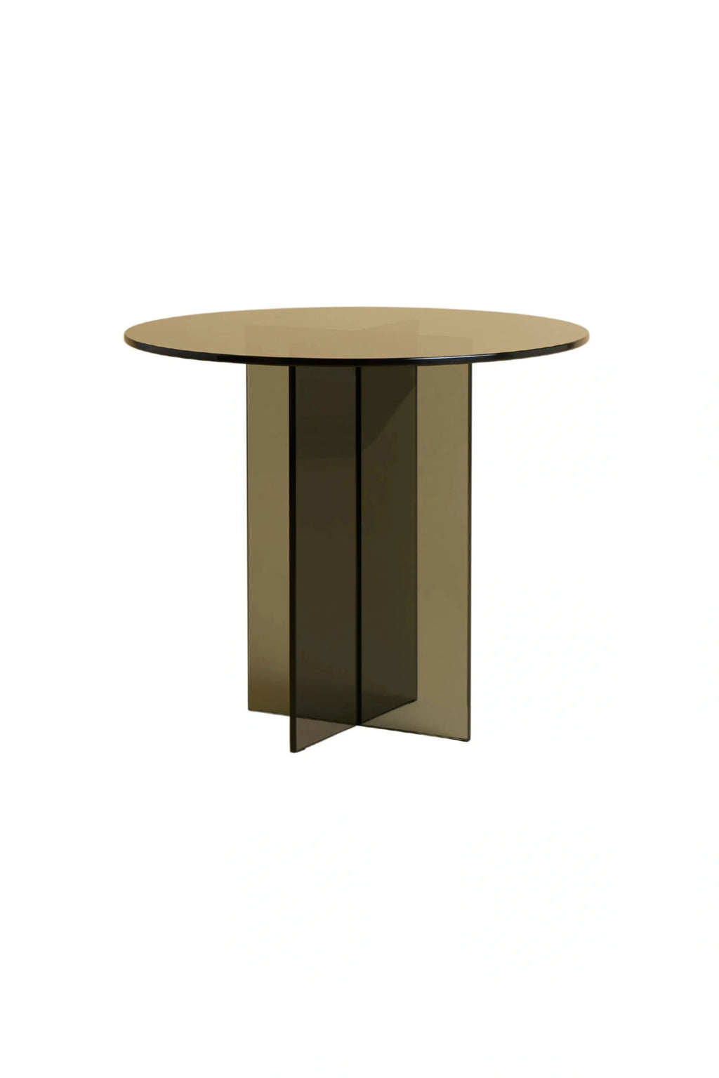 Lebanto Amami Side Table, a modern minimalist accent table crafted entirely from elegant smoked bronze glass, featuring a sleek round tabletop with a black edge and a distinctive architectural pedestal base formed by intersecting rectangular panels. This contemporary glass side table is ideal for adding a sculptural focal point to minimalist living rooms, modern bedrooms, or chic entryways.