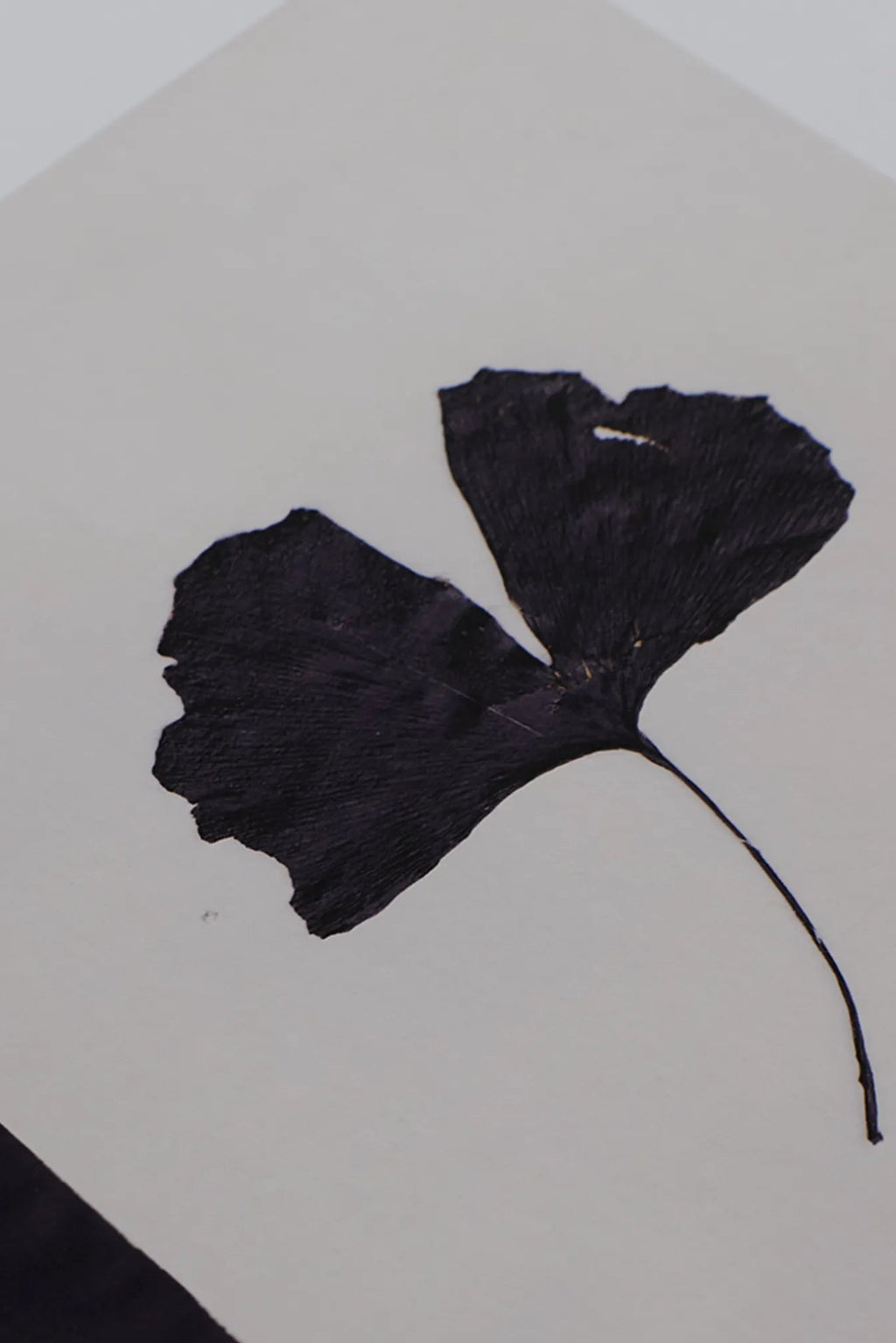 The Poster Club Black Ginkgo, a striking minimalist botanical art print featuring a deep black ginkgo leaf with an organic, textured surface and slender stem, set against a soft off-white background. The fan-shaped leaf is depicted with subtle imperfections, giving it a natural, dried specimen feel. This contemporary black and white art print is perfect for adding organic modern elegance to Scandinavian, Japandi, or minimalist living rooms, bedrooms, or gallery walls.