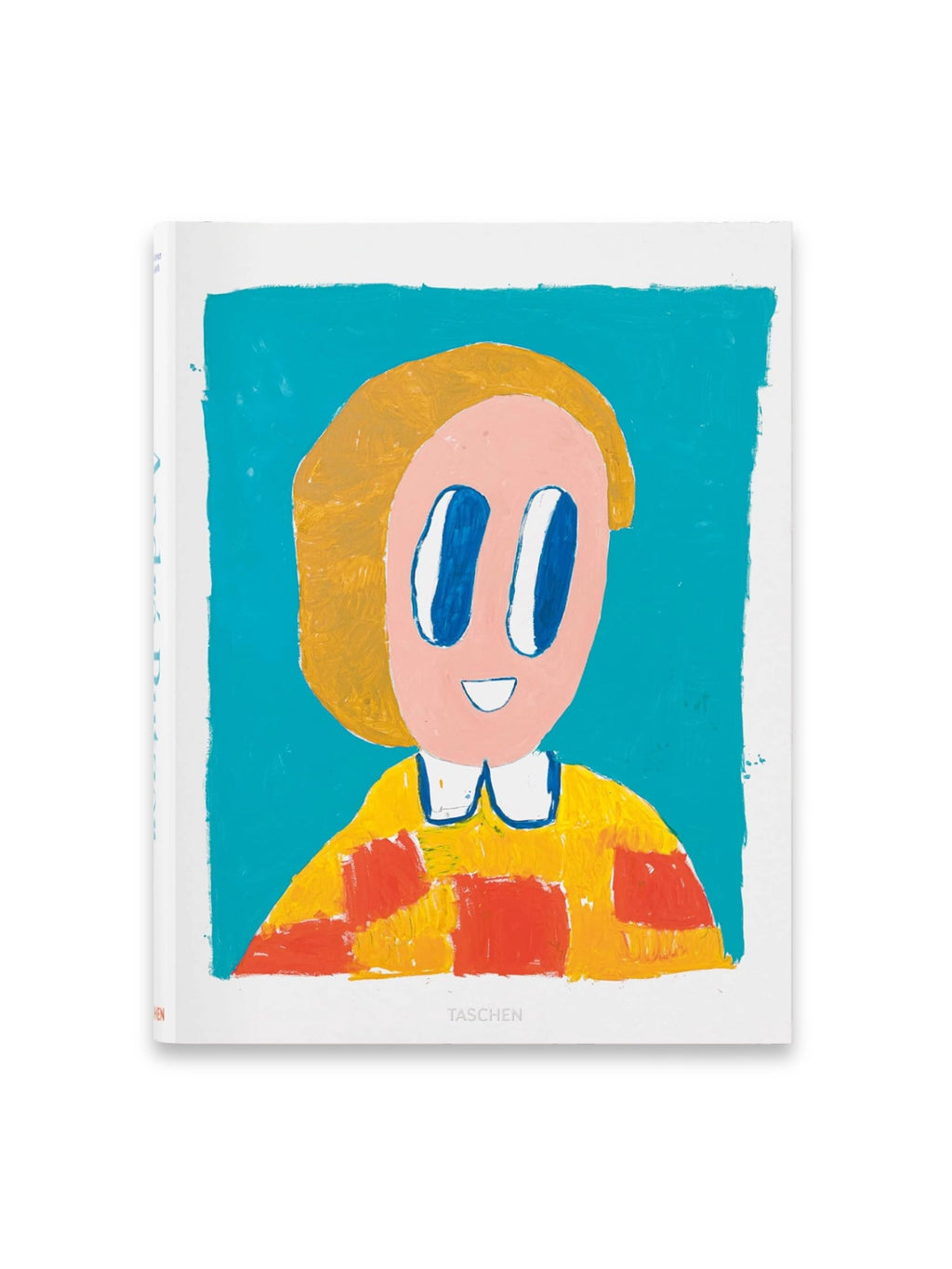 Book André Butzer, a vibrant art book featuring a colorful, expressive painting of a stylized figure with blonde hair, blue eyes, and a red and yellow checkered shirt against a bright turquoise background on its glossy cover. This essential art publication is perfect for students, collectors, and enthusiasts of modern and contemporary art.