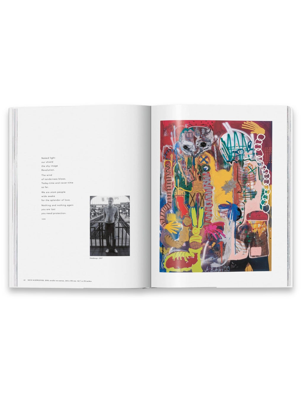 Book André Butzer, an open art book showcasing a vibrant, abstract expressionist painting on the right page with bold colors and chaotic figures, contrasted with a poem and a black and white photograph on the left. This premium art book is perfect for contemporary art collectors and enthusiasts seeking engaging visual and literary content.