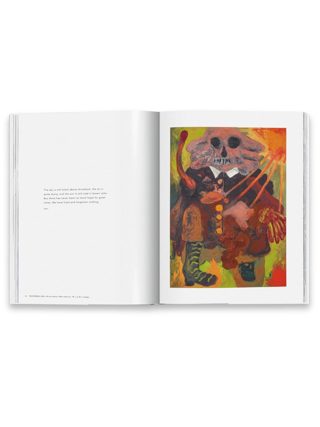 Book André Butzer, an open art book showcasing a vibrant, abstract painting on the right page with thick impasto textures in shades of red, orange, pink, and green, depicting a figure with a skull-like head and suit. The left page features minimalist black text describing the artwork. This high-quality art book is ideal for art enthusiasts, students, and collectors interested in contemporary painting.