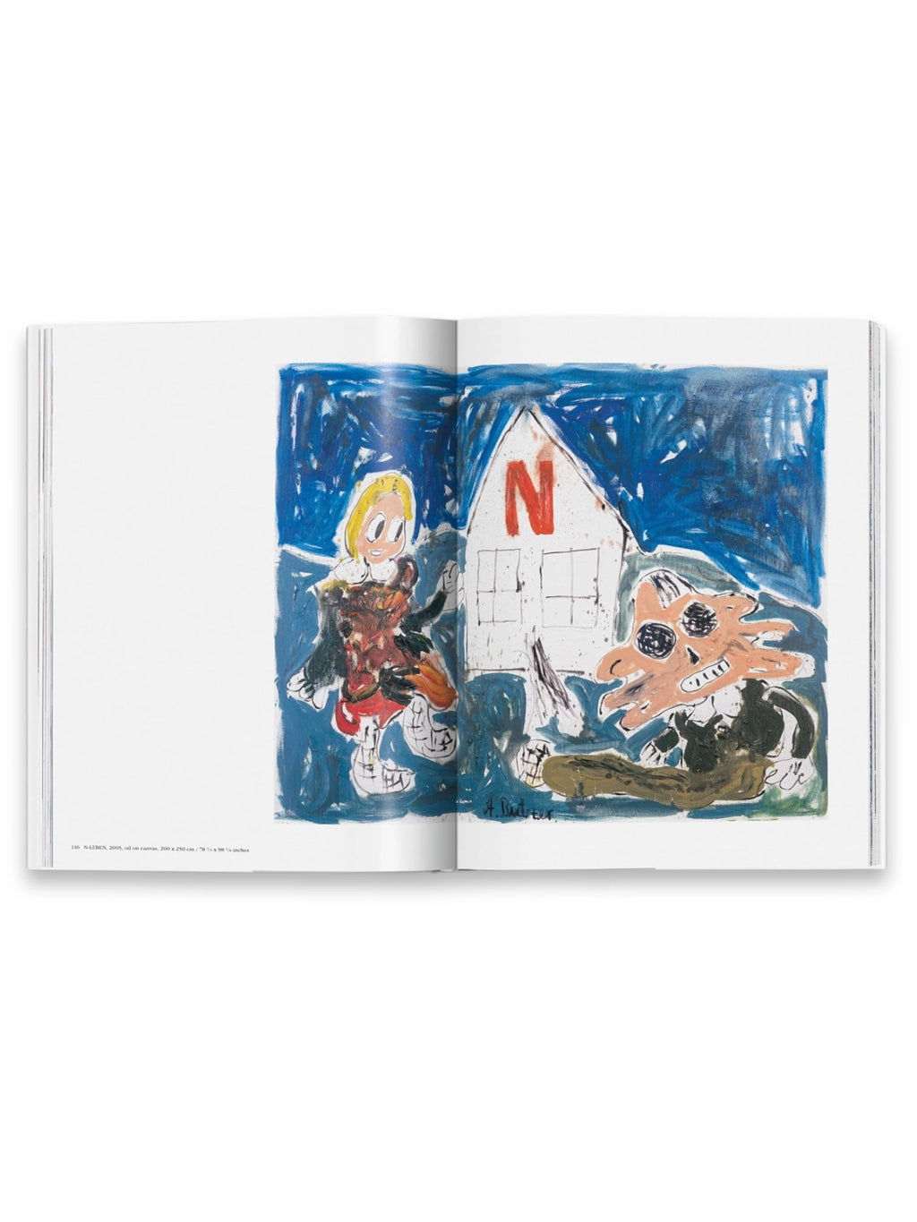 Book André Butzer, open art book displaying a vibrant, contemporary oil on canvas painting with abstract figures, a house with an "N", and bold brushstrokes in blue, white, peach, and green. This collectible art book is perfect for modern art enthusiasts and collectors.