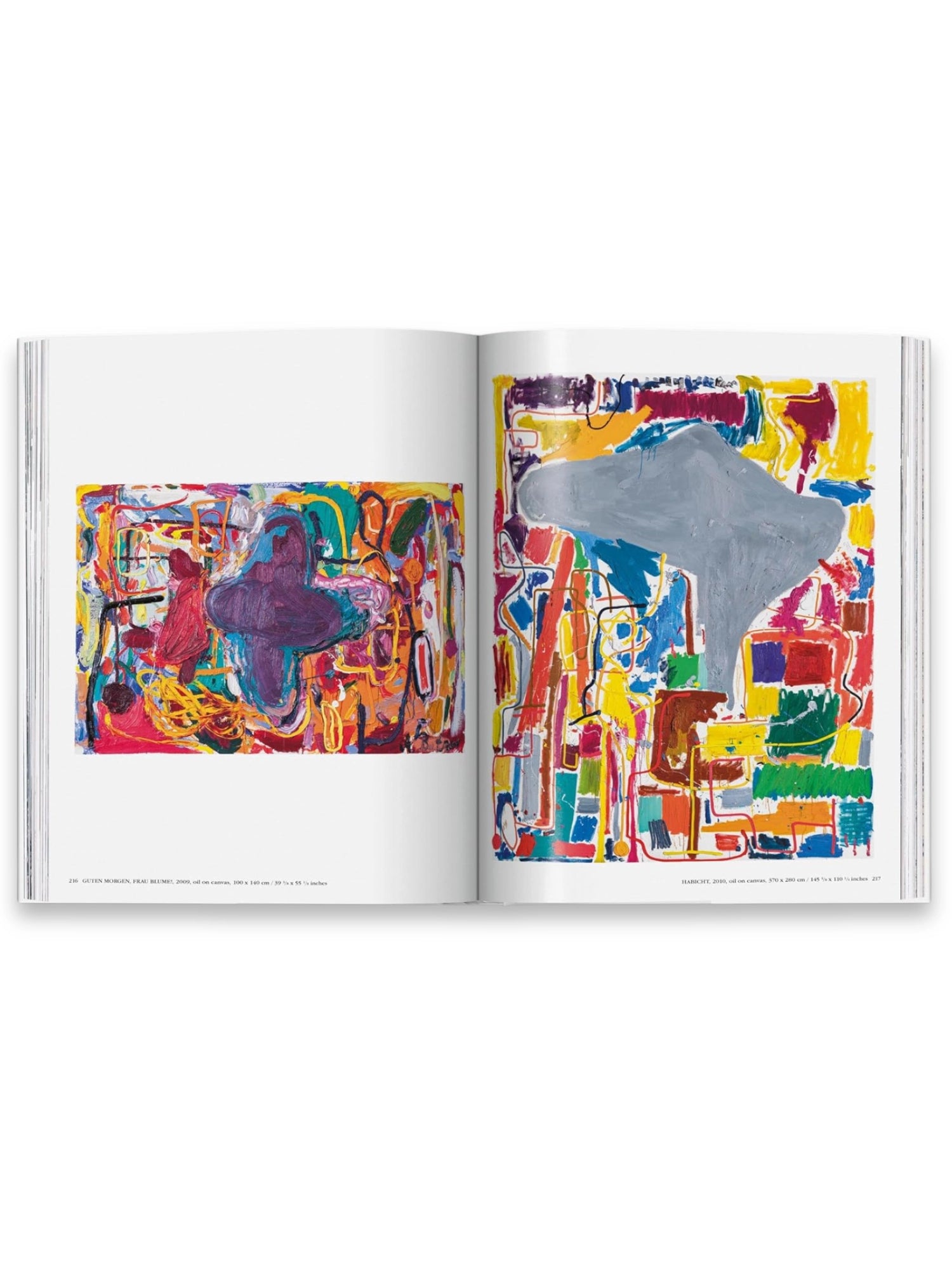 Book André Butzer, an open art book showcasing two vibrant, expressive oil-on-canvas artworks with thick, impasto brushstrokes in abstract, colorful compositions. This visually rich art book is perfect for art enthusiasts and collectors interested in contemporary painting.