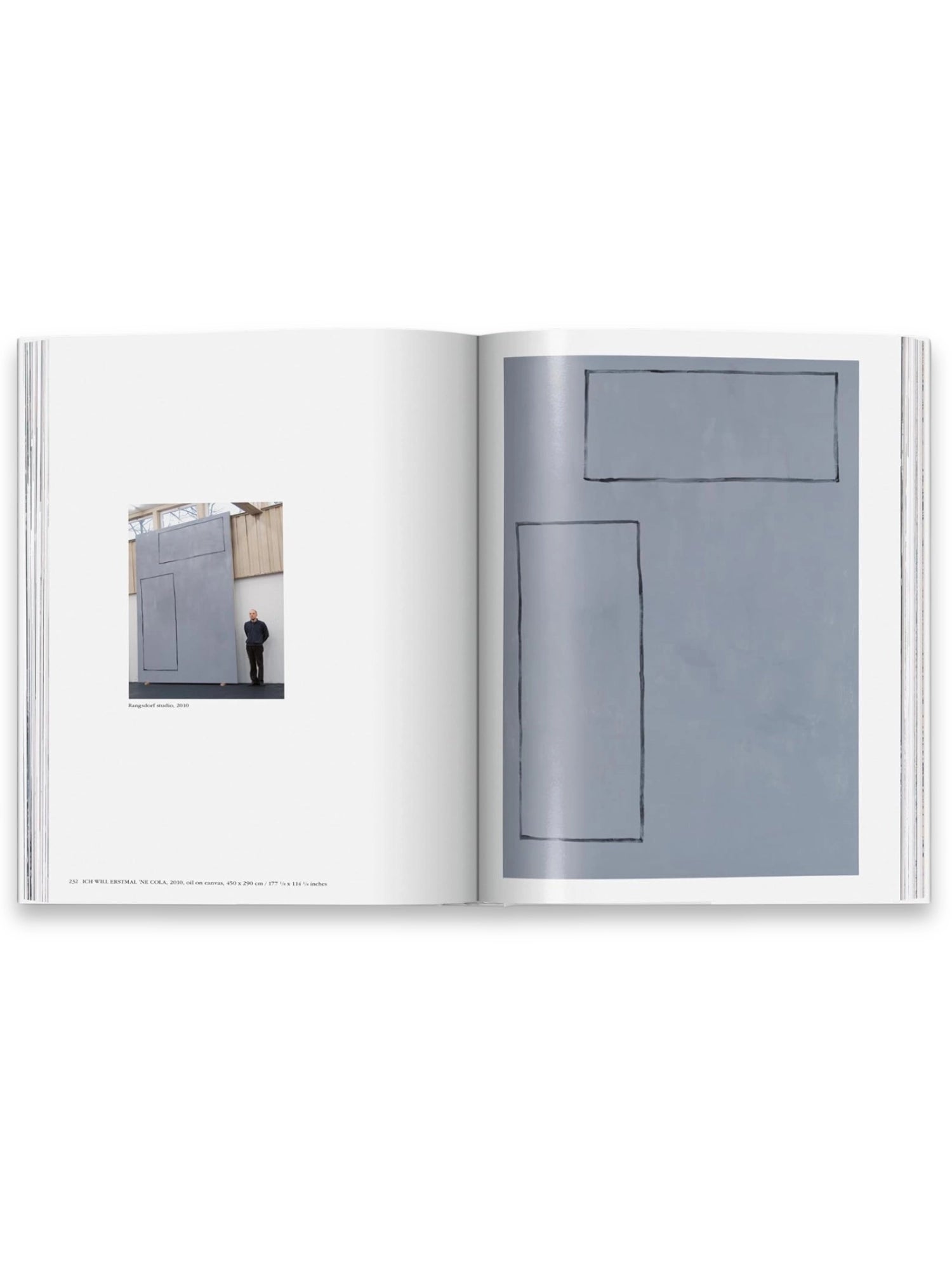 Book André Butzer, an open art catalog showcasing large format, contemporary paintings with abstract gray and black rectangular forms. This insightful book is perfect for art enthusiasts and collectors interested in modern abstract art.
