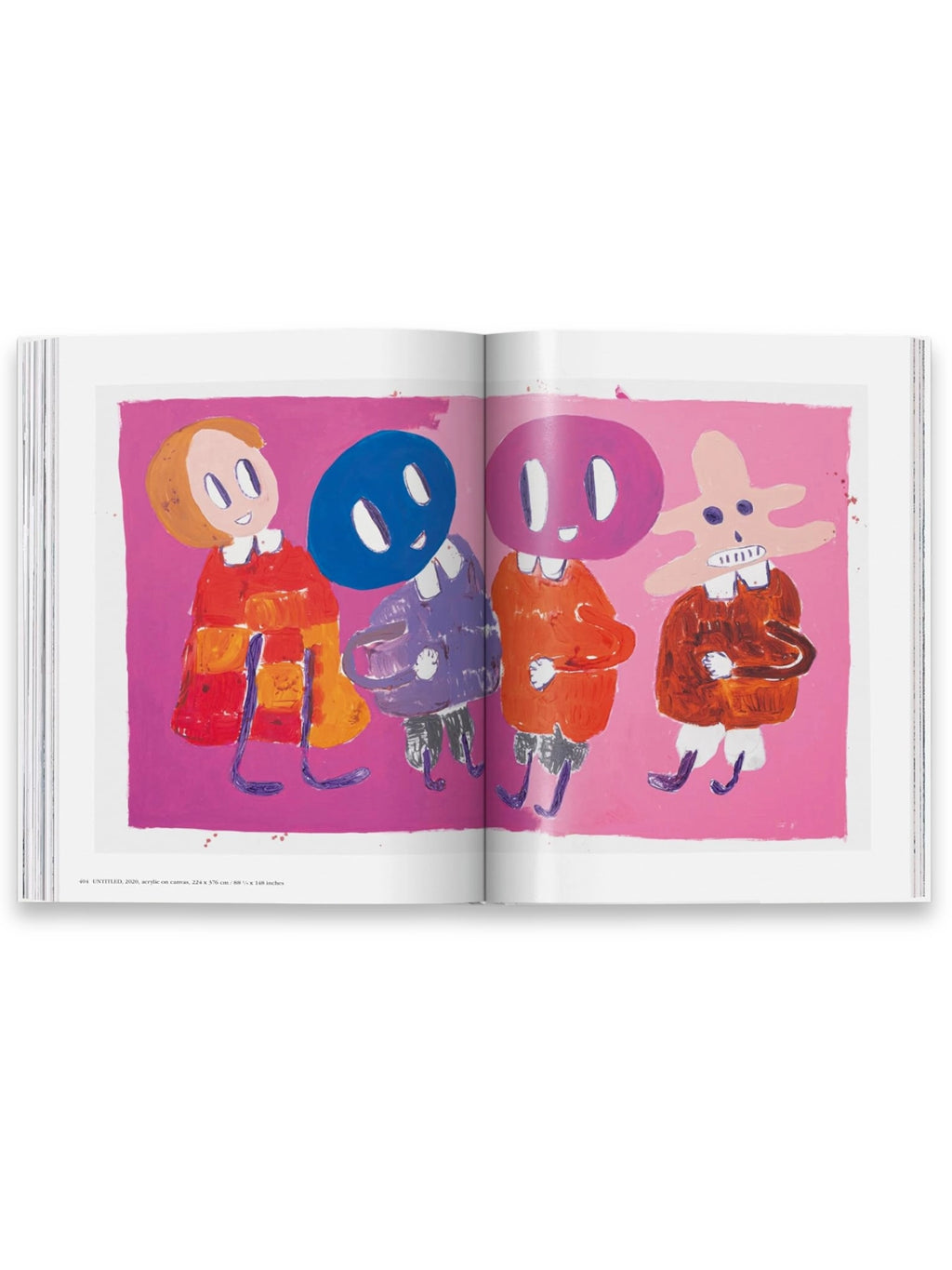 Book André Butzer, an open art book displaying a vibrant, expressive painting of four whimsical figures with bold, colorful brushstrokes on a bright pink background. This premium art book is perfect for collectors, art enthusiasts, and students interested in contemporary painting and abstract art.