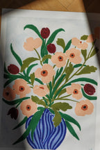 Beautiful and elegant cerulean still life painting with flowers and fruits