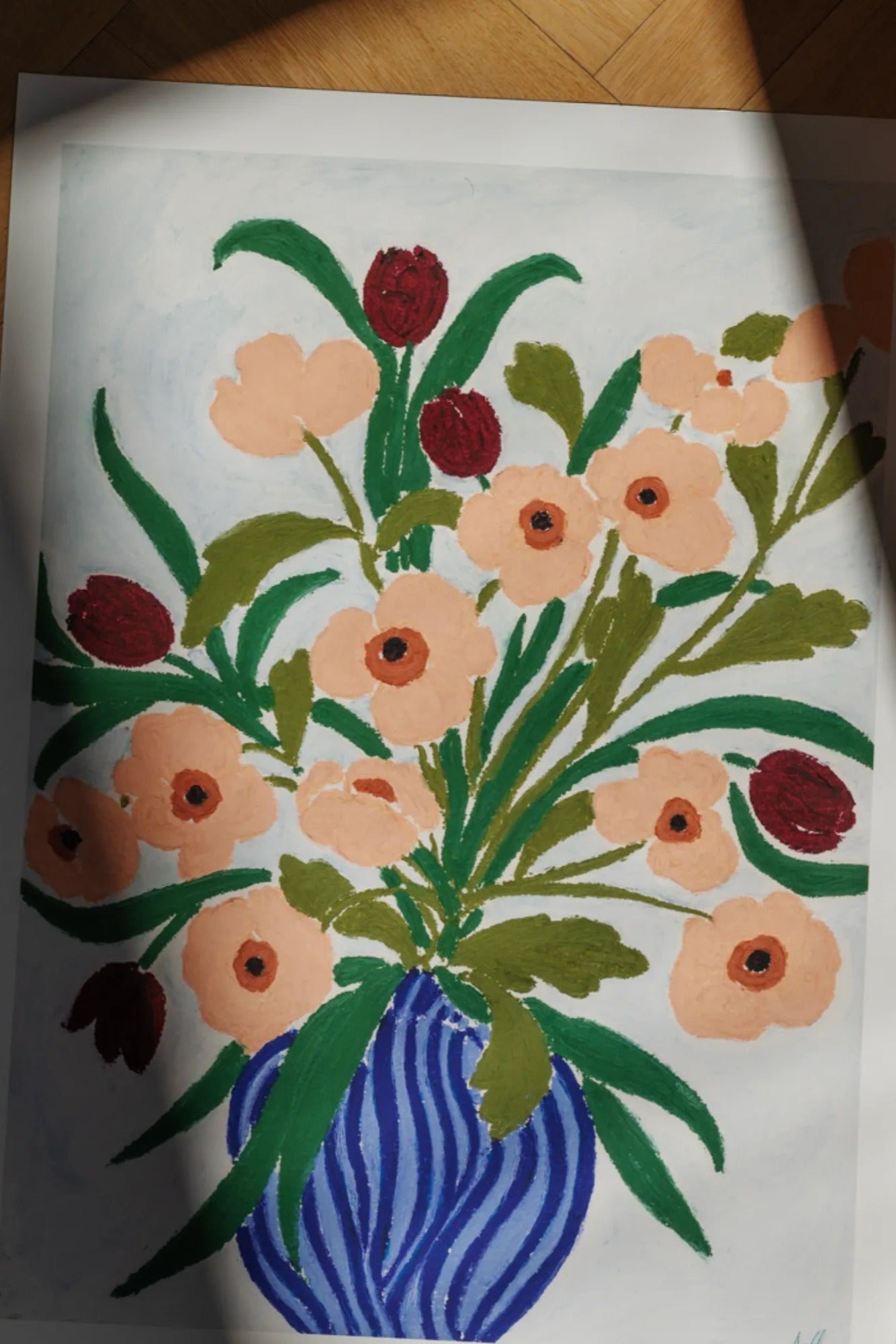 Beautiful and elegant cerulean still life painting with flowers and fruits