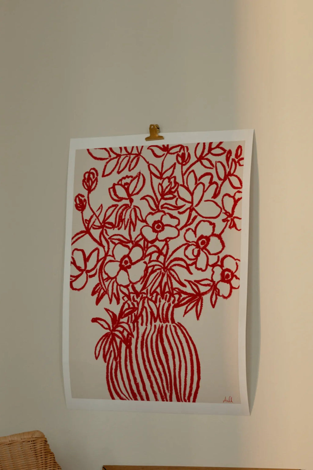 The Poster Club Poppy Studies I, an abstract floral art print showcasing vibrant red line drawings of poppies and leaves in a textured crayon illustration style against a warm beige background.