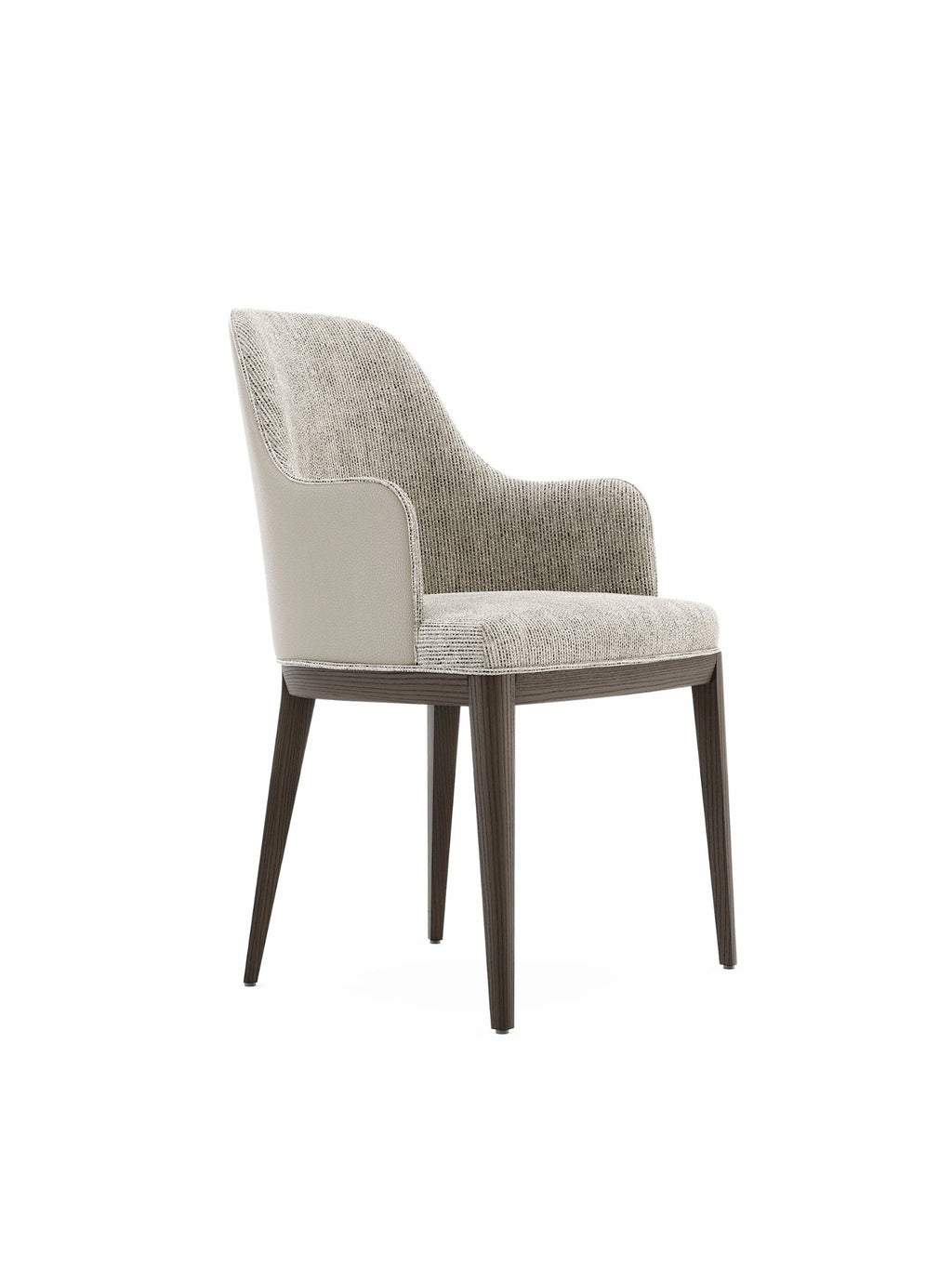 Domkapa Anna Chair With Armrest - Wood, a contemporary dining chair featuring a dark espresso wood frame with sleek tapered legs, and a gracefully curved upholstered back and armrests. It showcases a sophisticated two-tone upholstery with light beige textured fabric on the inner back and seat, complemented by smooth light cream leather accents on the outer back and armrests. This elegant armchair is perfect for modern dining rooms, luxurious living spaces, or as a chic home office accent.
