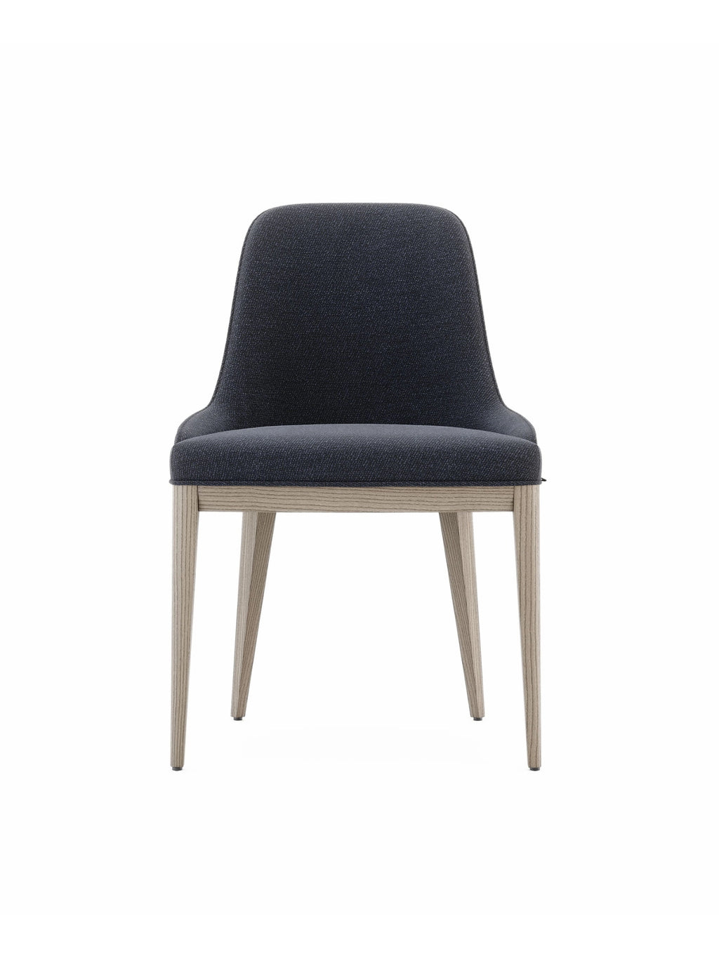 Domkapa Anna Chair - Wood, a contemporary dining chair featuring sleek dark grey textured fabric upholstery with a gently curved backrest and seat. It stands on four elegant, tapered light natural wood legs, showcasing a modern minimalist design. Perfect as a stylish dining room chair or accent furniture for Scandinavian and modern interiors.