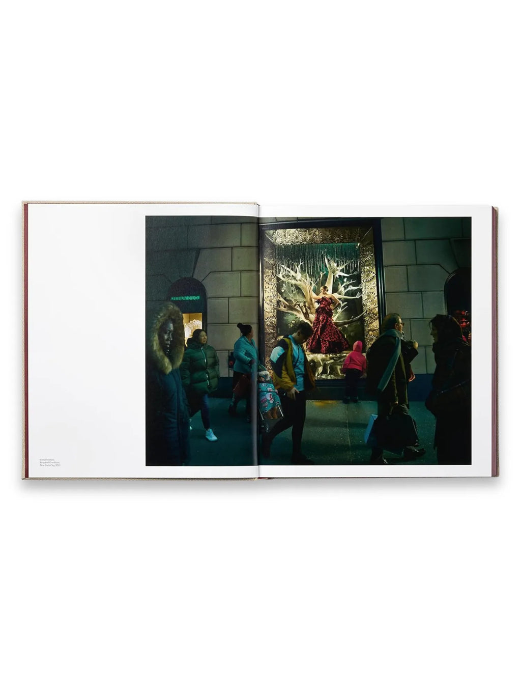 Book Annie Leibovitz’s ‘Wonderland’, an open photography book displaying a vibrant street scene of people walking past a decorated store window at night, with a mannequin in a red dress. This collectible art book offers a stunning visual journey for photography enthusiasts and art collectors.