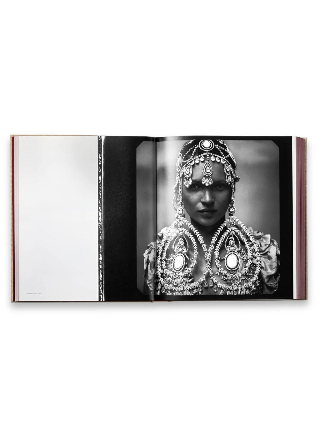 Book Annie Leibovitz’s ‘Wonderland’, an open photography book displaying a striking black and white portrait of a woman adorned with elaborate, sparkling jewelry. This premium art book is perfect for photography enthusiasts and collectors seeking iconic fashion photography.