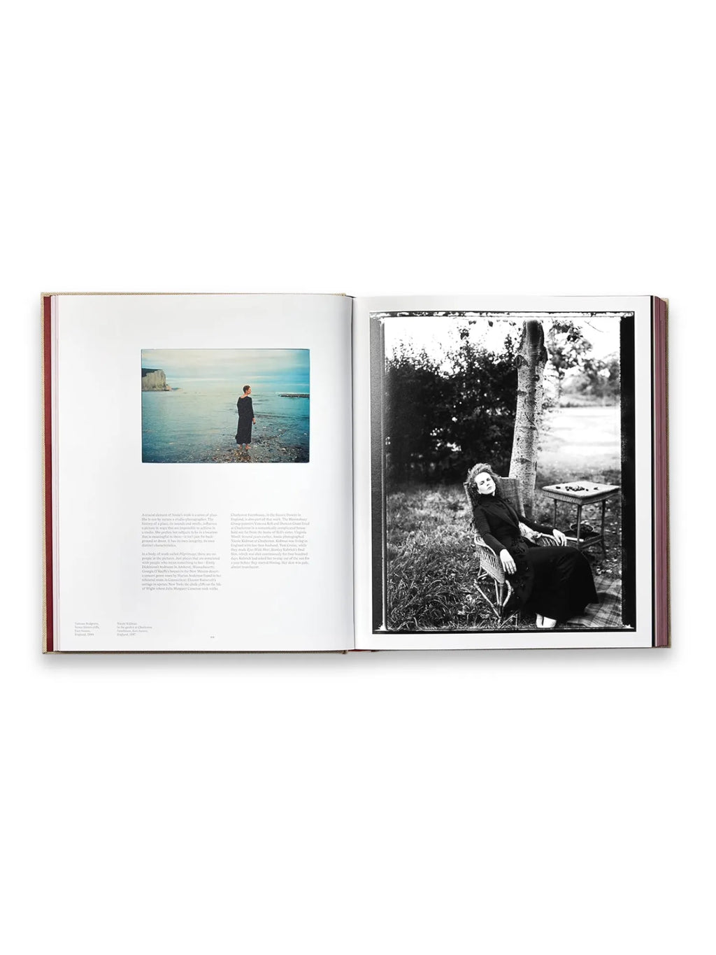 Book Annie Leibovitz’s ‘Wonderland’, an open, premium photography book displaying a vibrant color image of a woman by the sea on the left, next to a black and white portrait of a woman in a chair under a tree on the right. This coffee table book is perfect for photography enthusiasts and art collectors.