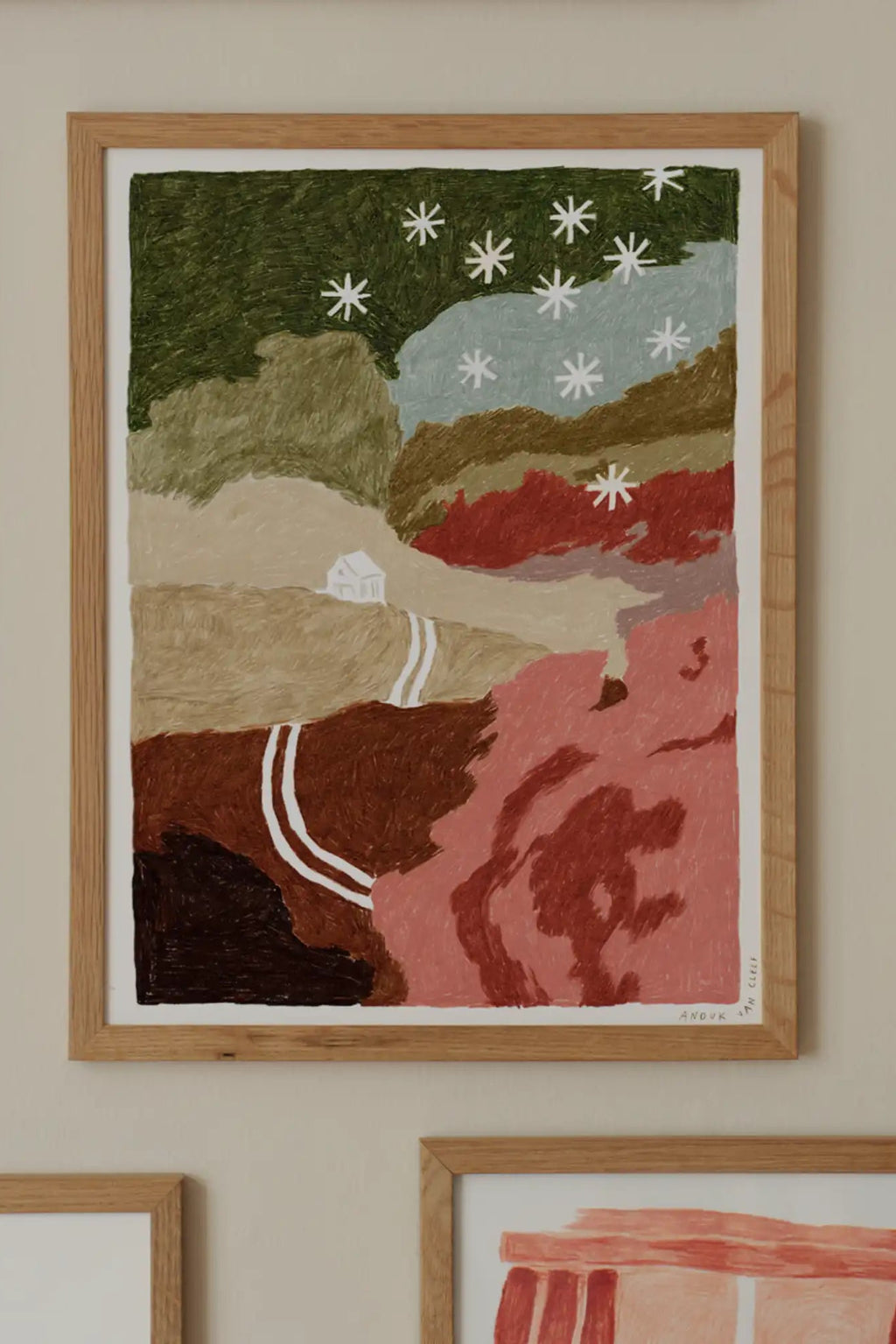 The Poster Club The House and the Hills, an abstract landscape art print depicting a whimsical scene with a small white house among rolling hills.