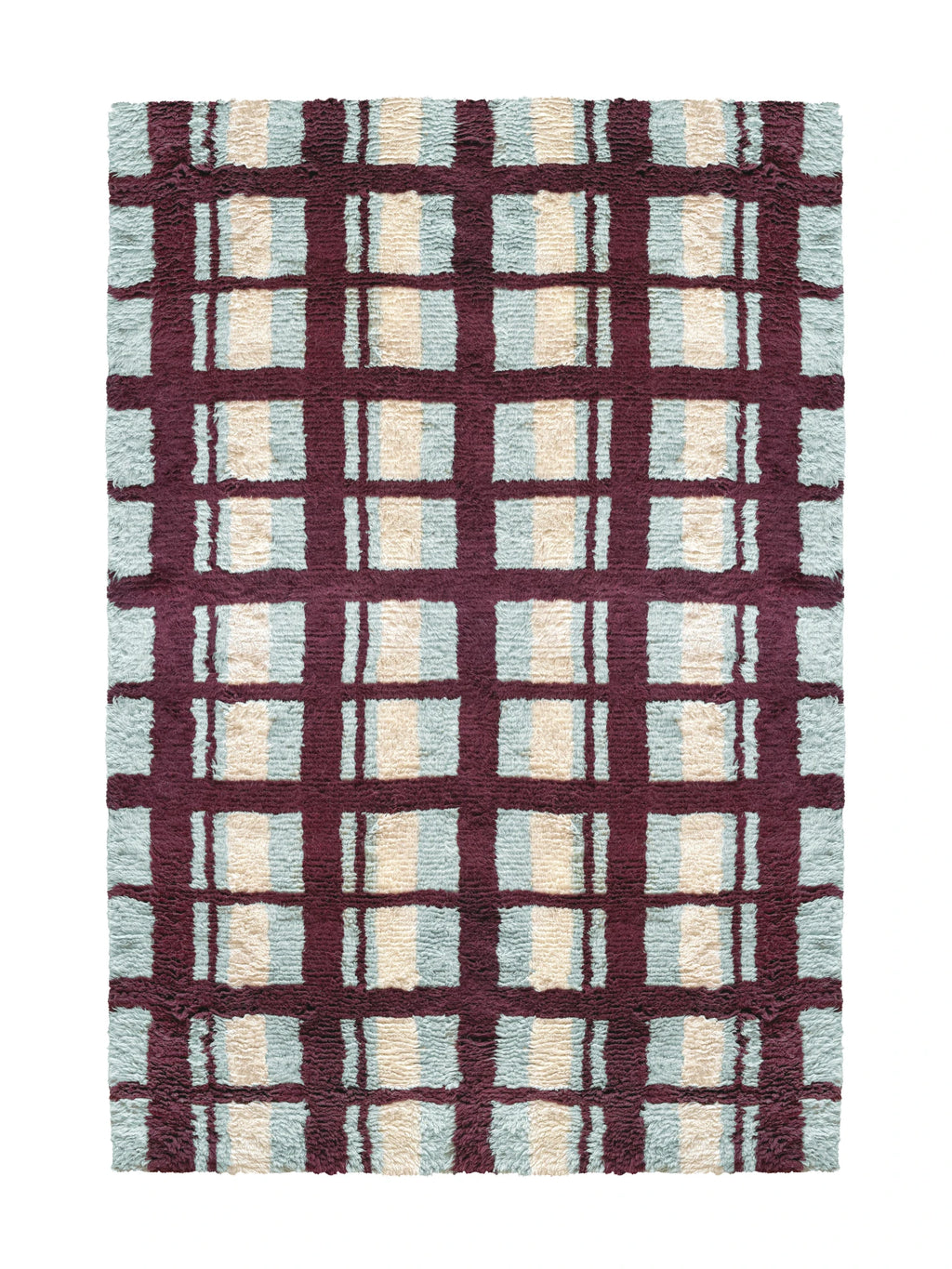 Layered Arbor Shaggy Rug, a contemporary plaid design rug featuring a plush pile in maroon, pale blue, and cream colors. Perfect for adding warmth and modern style to living rooms or bedrooms.
