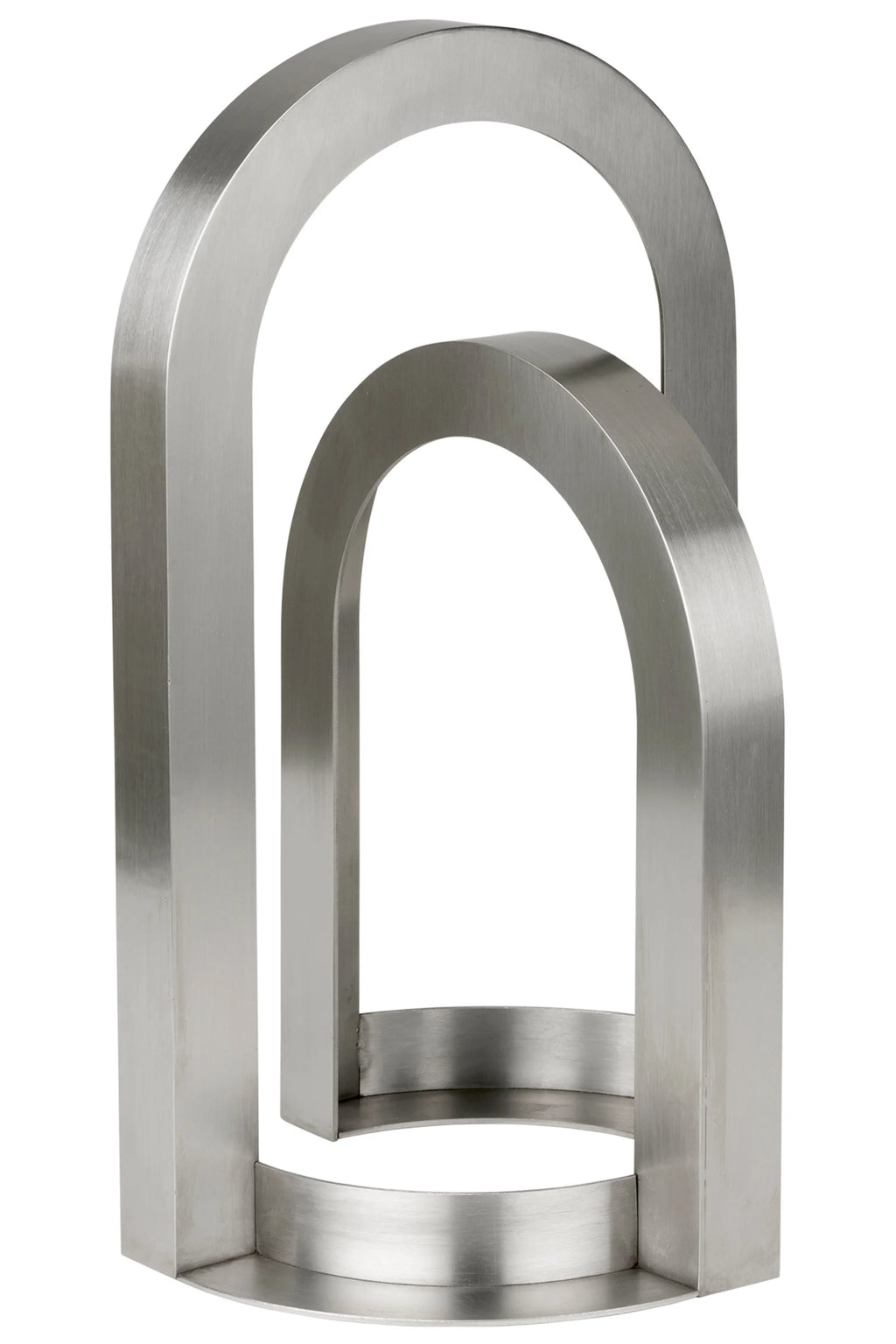 Kristina Dam Arch Sculpture, a modern minimalist decorative object crafted from premium brushed stainless steel, showcasing a sleek silver finish and two distinctive interlocking arch shapes. This contemporary architectural sculpture makes a striking art piece for modern shelf styling in living rooms, home offices, or entryways.