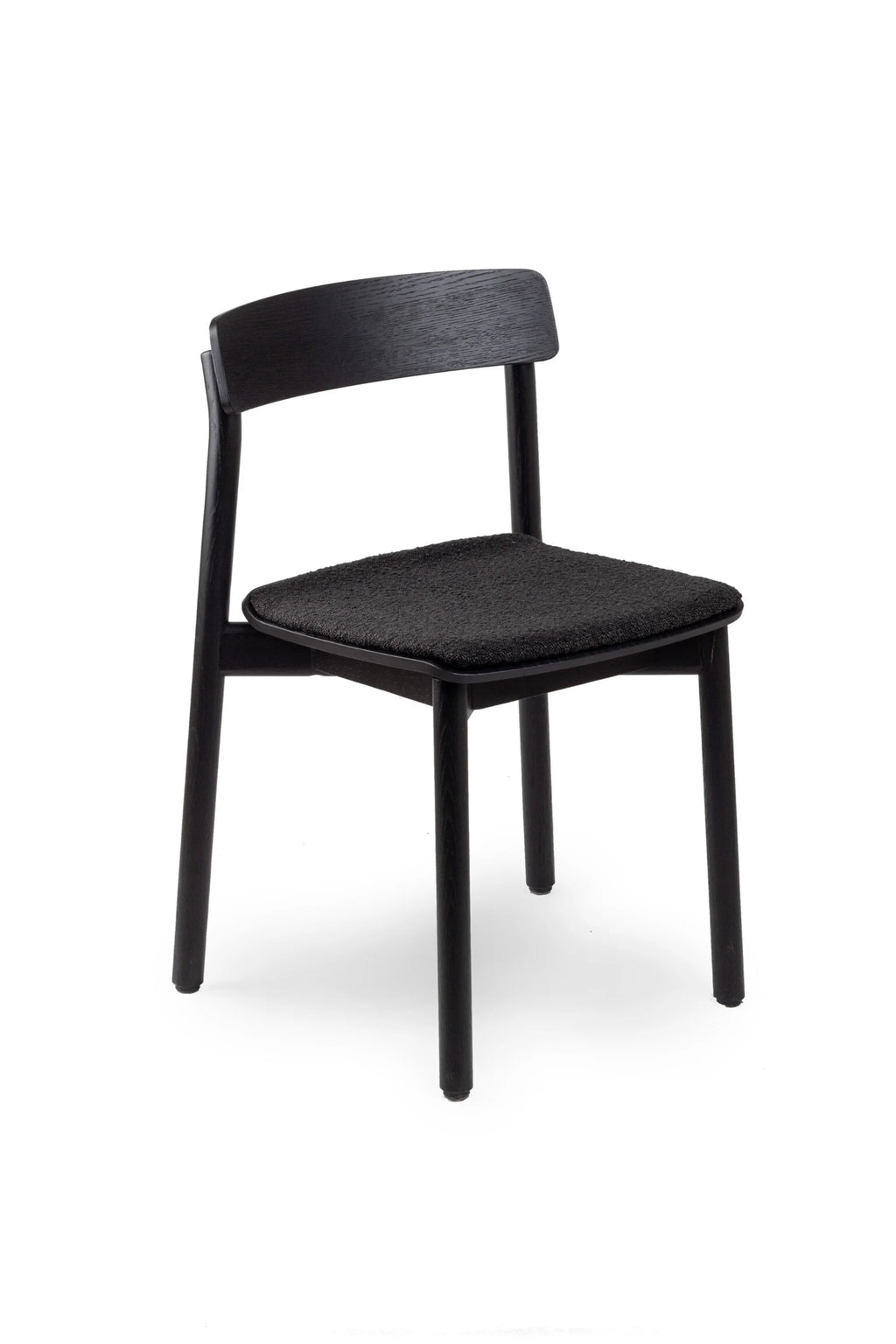 TAMO Arche Chair, a dark gray wooden dining chair with a visible wood grain texture, curved backrest, and padded black bouclé fabric seat, presented on a white background. This premium, modern chair is perfect for contemporary living spaces.