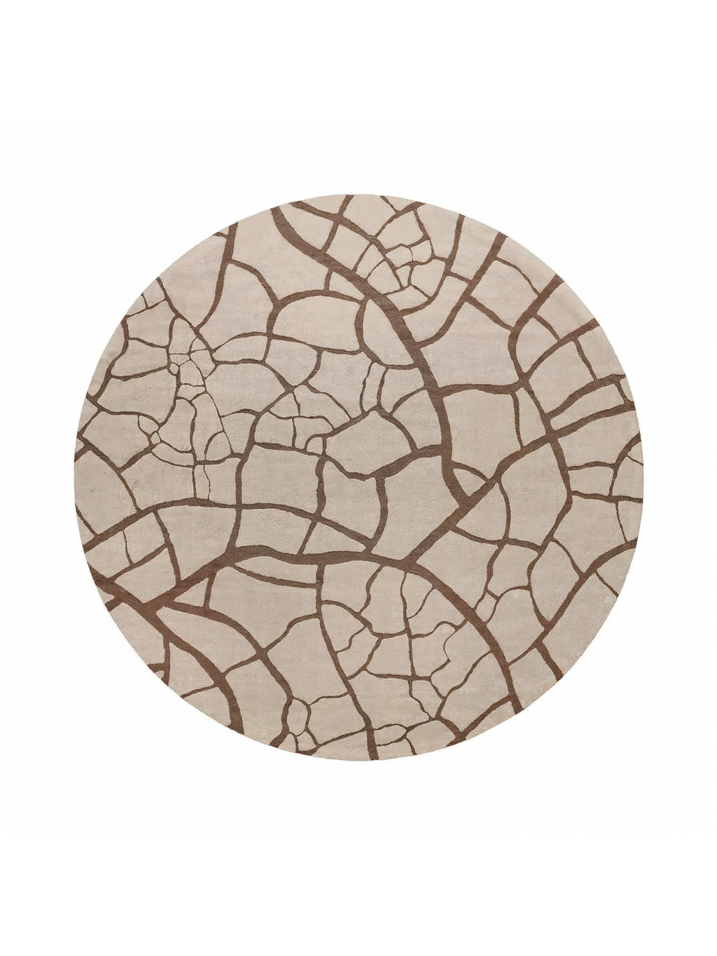 alp_ Aride II Rug, a round area rug featuring a plush light beige background with an intricate dark brown organic abstract pattern resembling cracked earth.