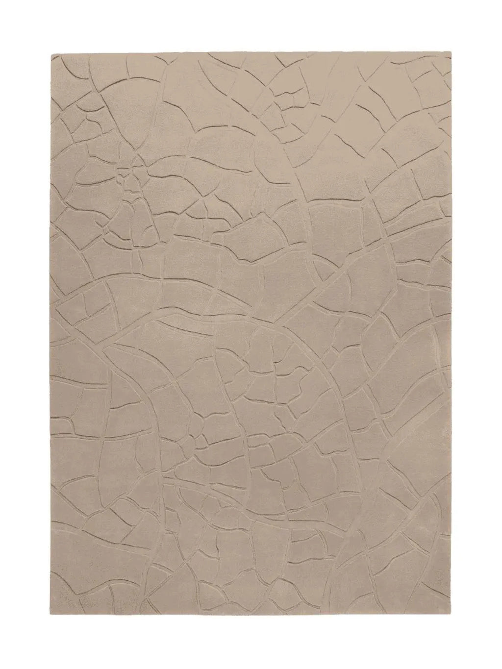 alp_ Aride I Rug, a neutral beige area rug featuring a unique sculpted pile with an organic cracked earth pattern, creating a subtle relief texture. This contemporary hand-tufted rug offers an earthy, minimalist aesthetic with its warm taupe tones. Perfect for a modern living room, bedroom, or organic modern interior seeking a textured floor covering.