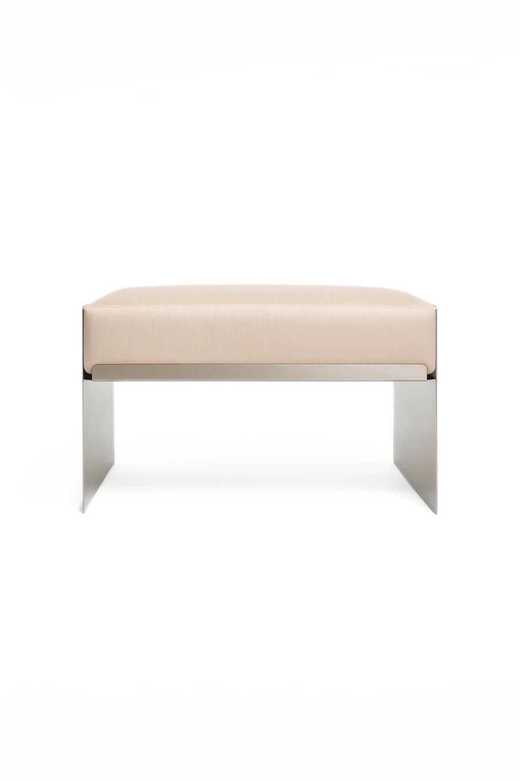 Around Works C.01 Lounge, a luxurious and modern lounge bench with a plush, light beige upholstered seat and a striking polished silver metal base, offering a sleek, minimalist aesthetic, displayed on a white background.