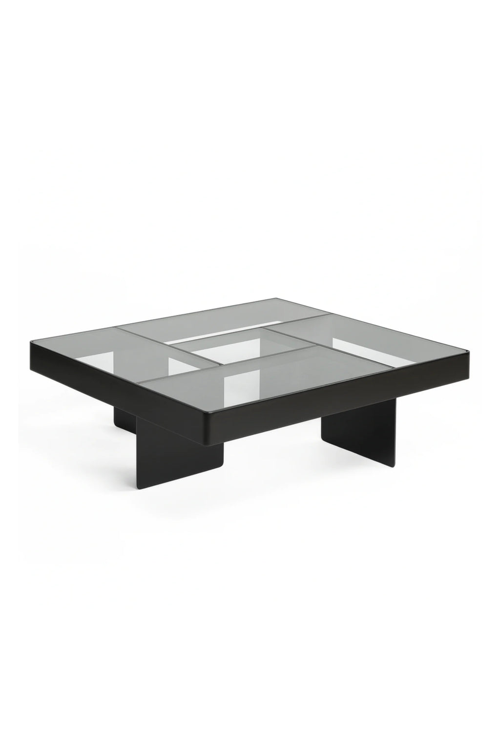 Around Works Blok Low Table, a sleek, modern square coffee table with a matte black frame and a sophisticated smoked glass top featuring a grid-like pattern, displayed on a white background.