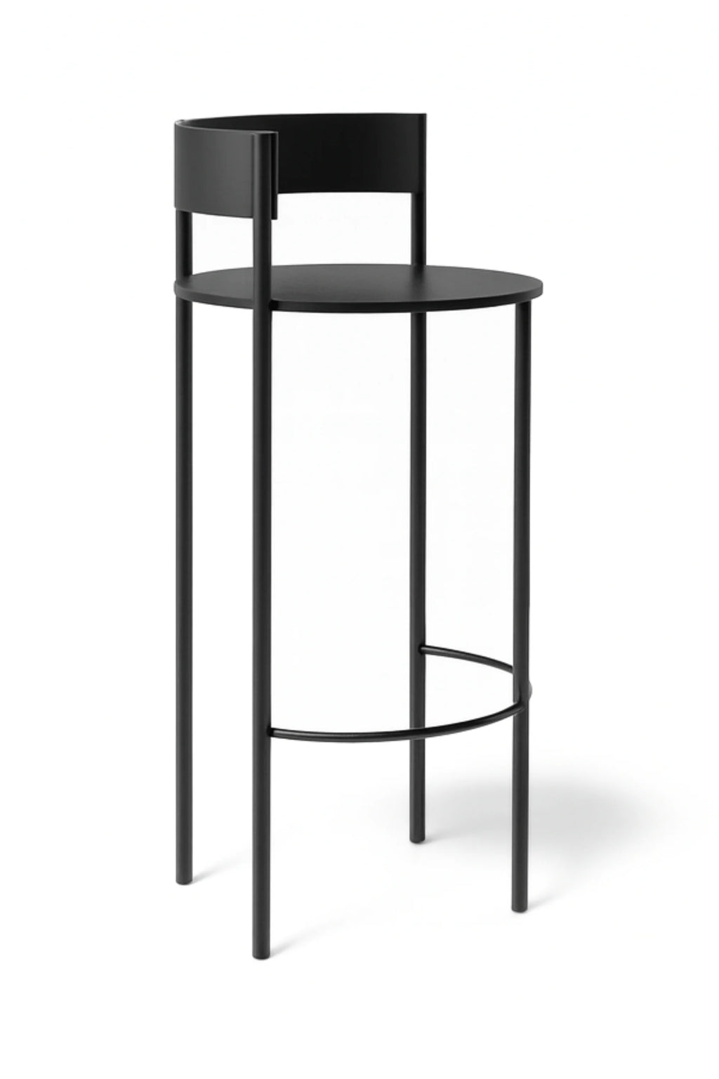 Around Works Pub Stool, a tall, elegant black metal bar stool with a circular seat and backrest, featuring a minimalist design and a footrest, displayed on a white background.