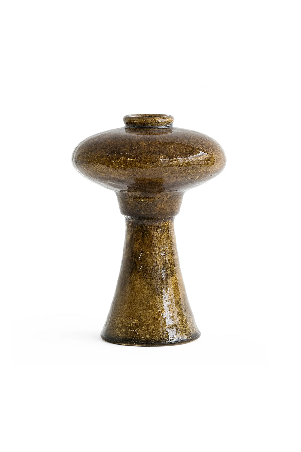 Canoa Lab Arq 009 Vase, a striking ceramic piece with a rich, glossy dark brown glaze and subtle organic texture, featuring a wide, flat top and a tall, conical base, displayed on a white background.