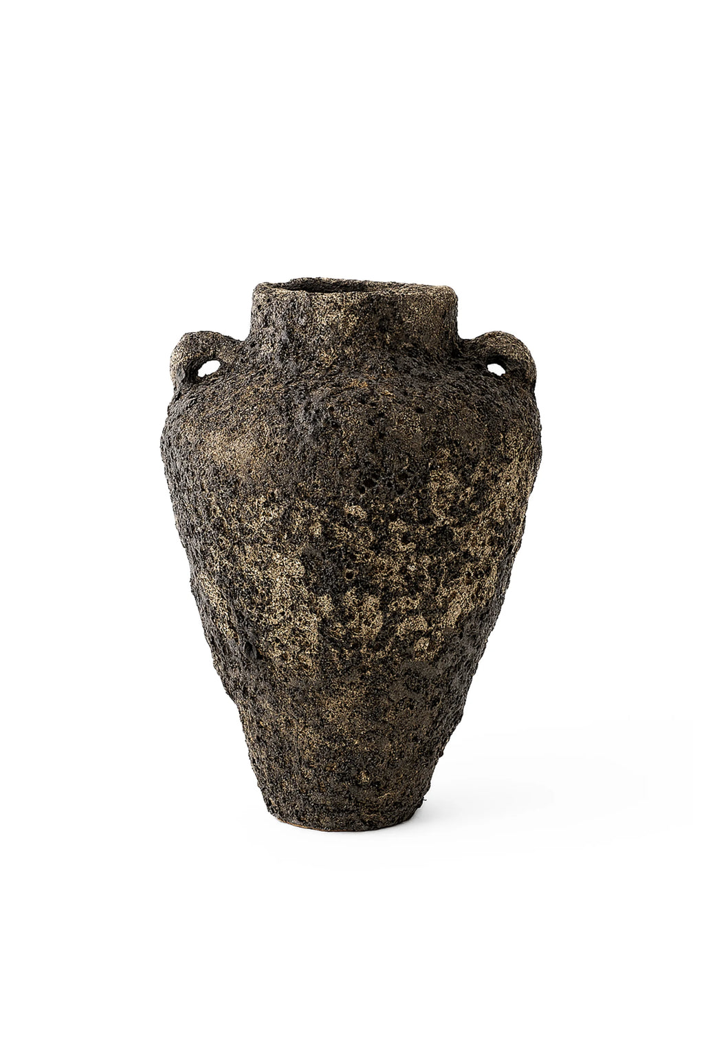 Canoa Lab Arq 001 Vase, a full front view of the striking, modern ceramic vase with a dark, volcanic-like textured finish and two small handles, creating a unique, rustic aesthetic, displayed on a white background.