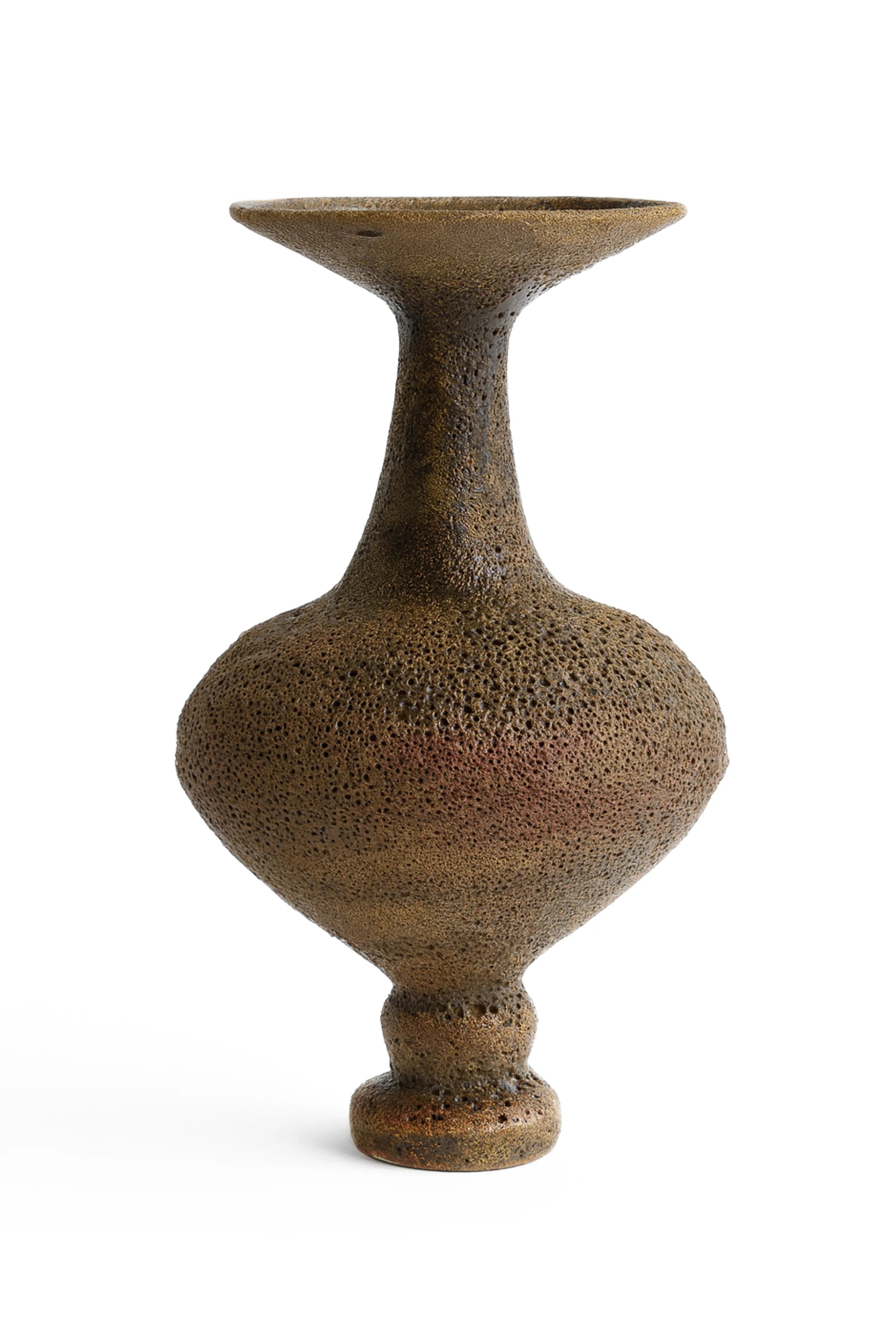 Brown ceramic vase with textured surface on a white background