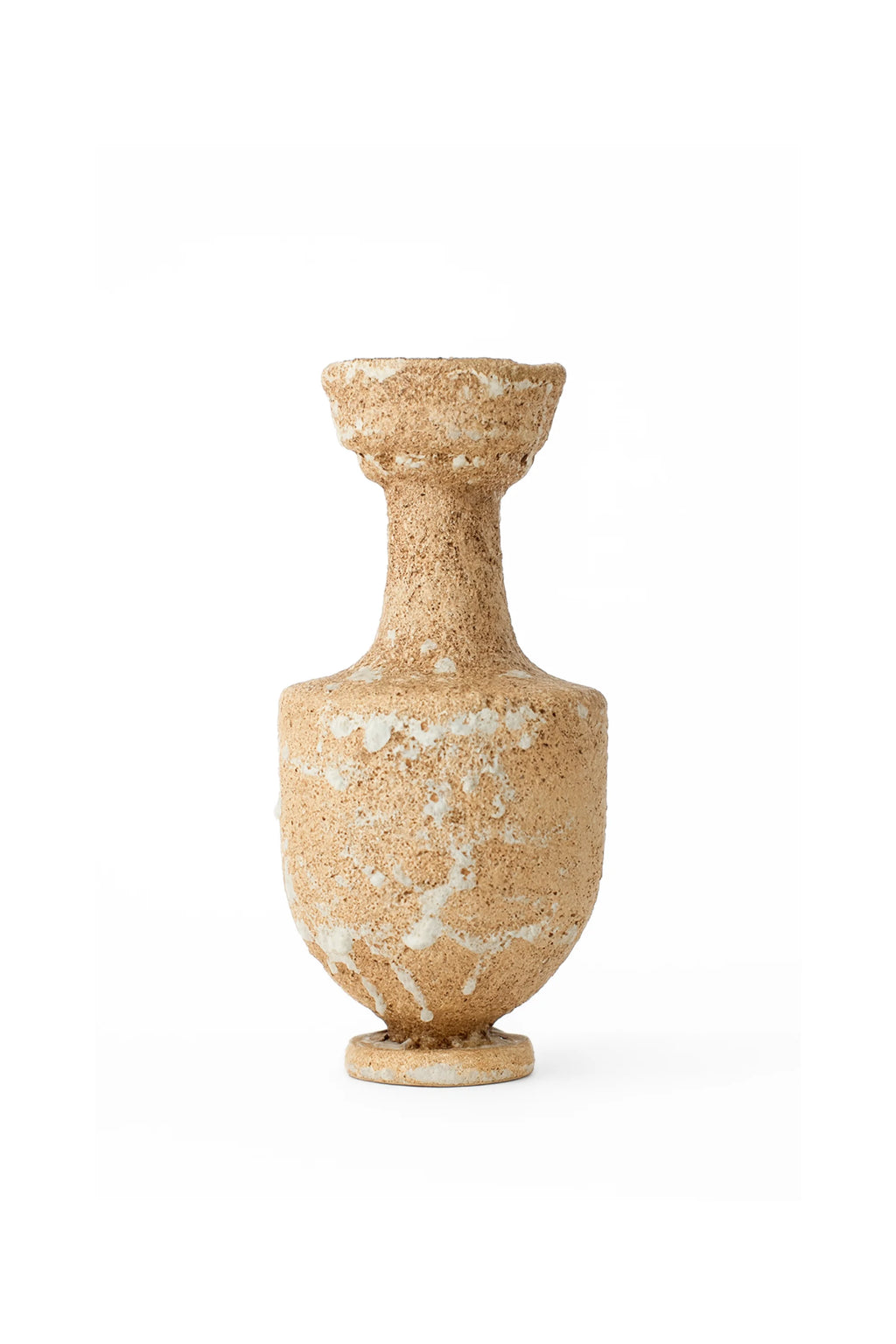 Canoa Lab Arq 003 Vase, a handcrafted ceramic vase featuring a unique porous, volcanic texture in warm beige and sand tones, accented with striking white drip glaze details. Its organic, amphora-like silhouette with a narrow neck and rounded body embodies a distinct organic modern or brutalist aesthetic. Perfect for contemporary shelf styling, adding a rustic artisanal touch to minimalist living rooms or entryways.