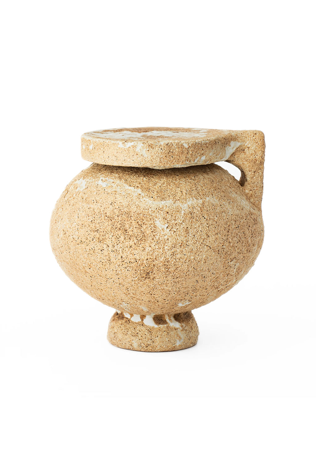 Canoa Lab Arq 004 Vase, a unique, round, light brown ceramic vase with a textured, porous finish and a flat, square lid, featuring a single handle, displayed on a clean white background.