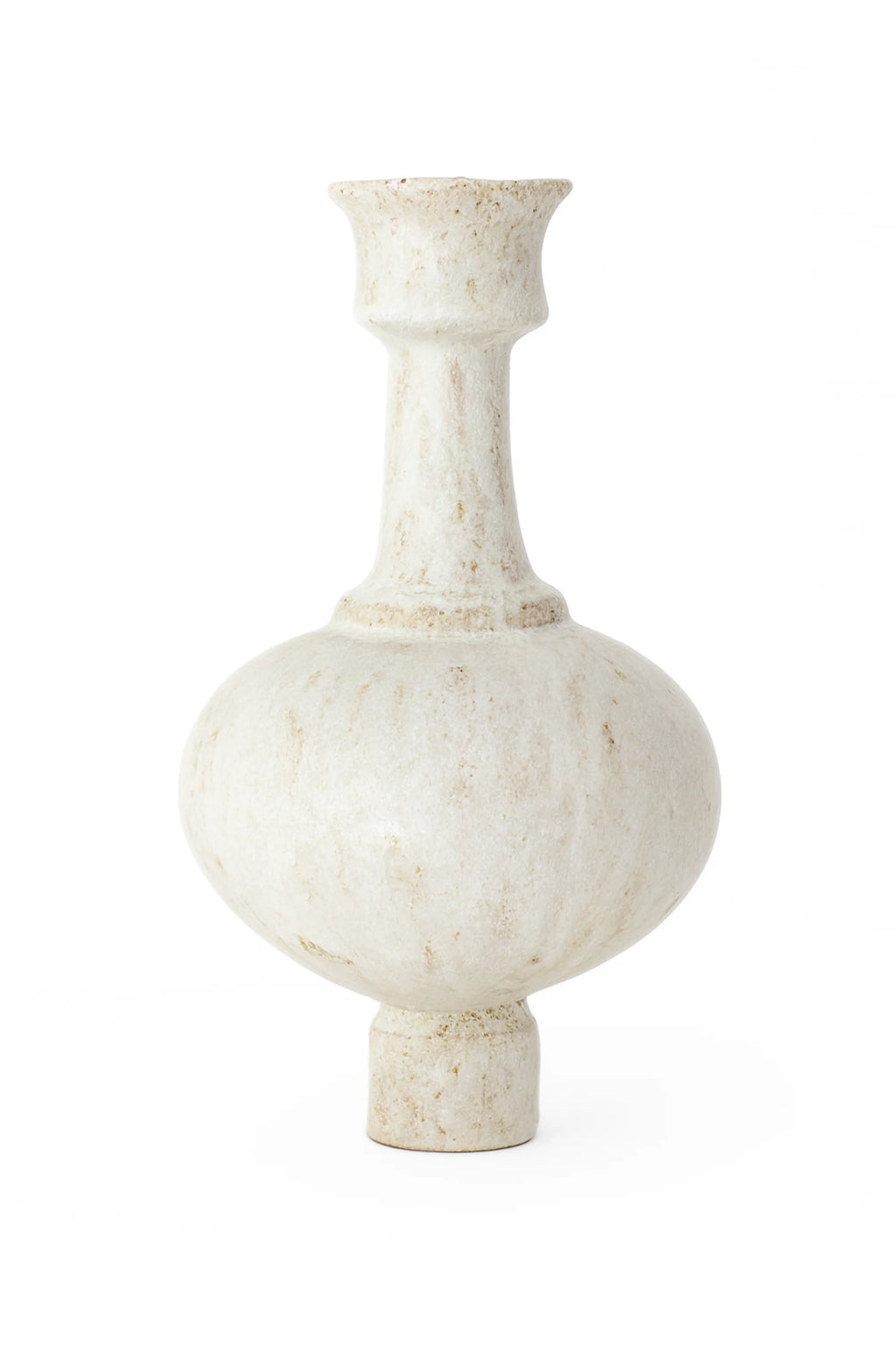 Canoa Lab Arq 005 Vase, an elegant, tall ceramic vase in a soft, off-white color with a textured finish, featuring a slender neck atop a large, spherical body and a small, cylindrical base, on a white background.