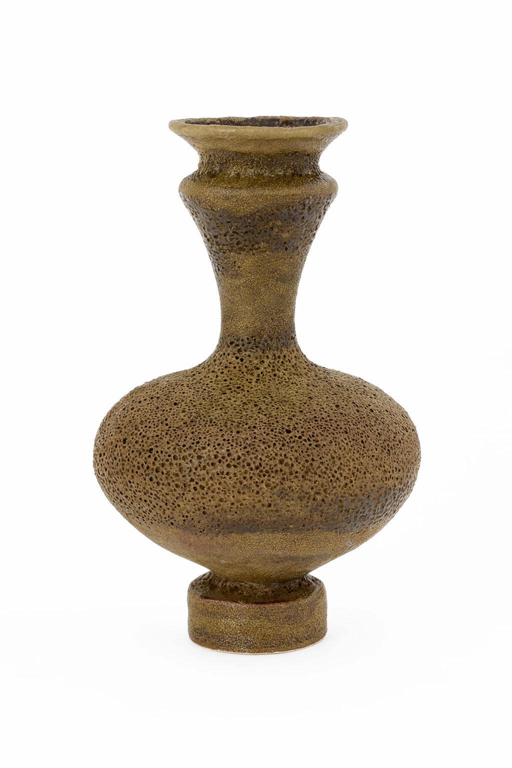 Canoa Lab Arq 006 Musgo Vase, a handcrafted ceramic vase in a rich moss green and earthy brown finish, featuring a highly textured, porous volcanic surface and a distinctive sculptural hourglass silhouette with a flared rim and bulbous base. This organic modern stoneware vase is perfect for brutalist or rustic shelf styling in contemporary living rooms or as a unique entryway accent.