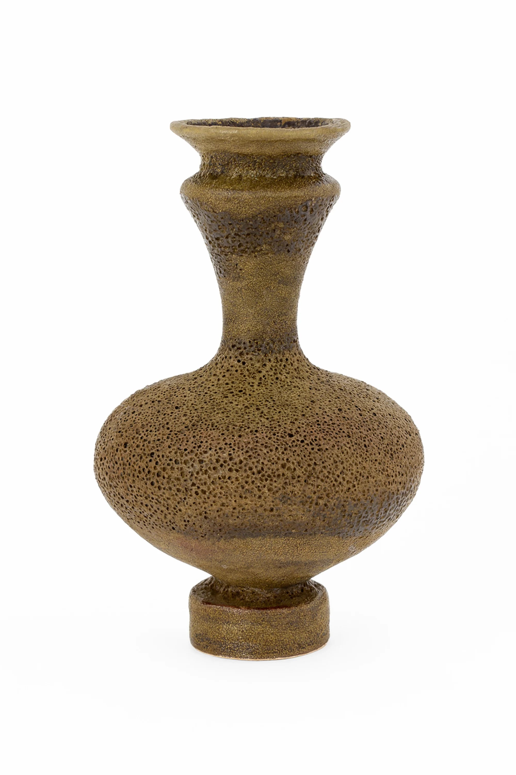 Brown ceramic vase with textured surface on a white background