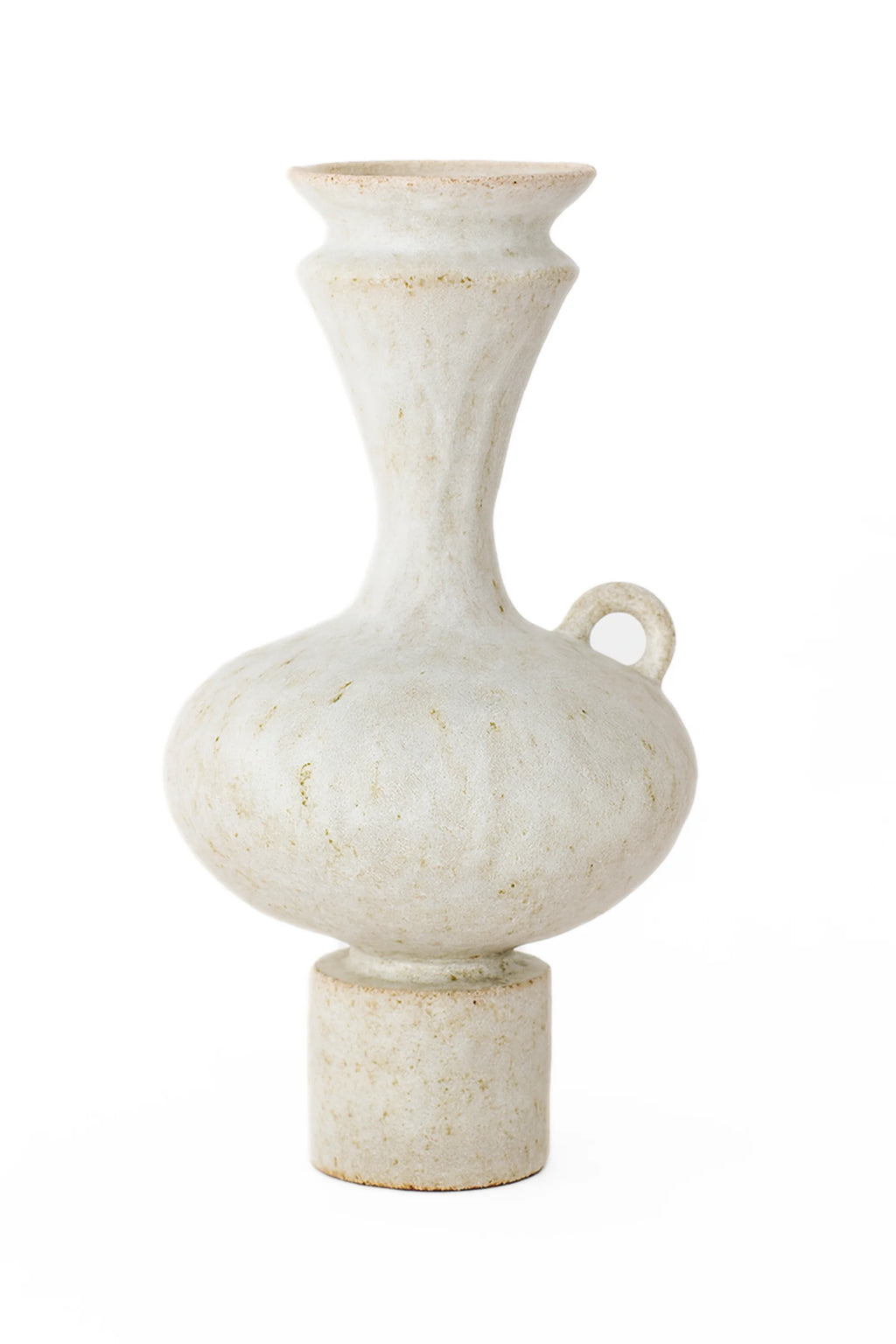 Canoa Lab Arq 006 Vase, a unique, off-white ceramic vase with a textured finish, featuring a slender, flared neck, a prominent spherical body with a small loop handle, and a cylindrical base, on a white background.