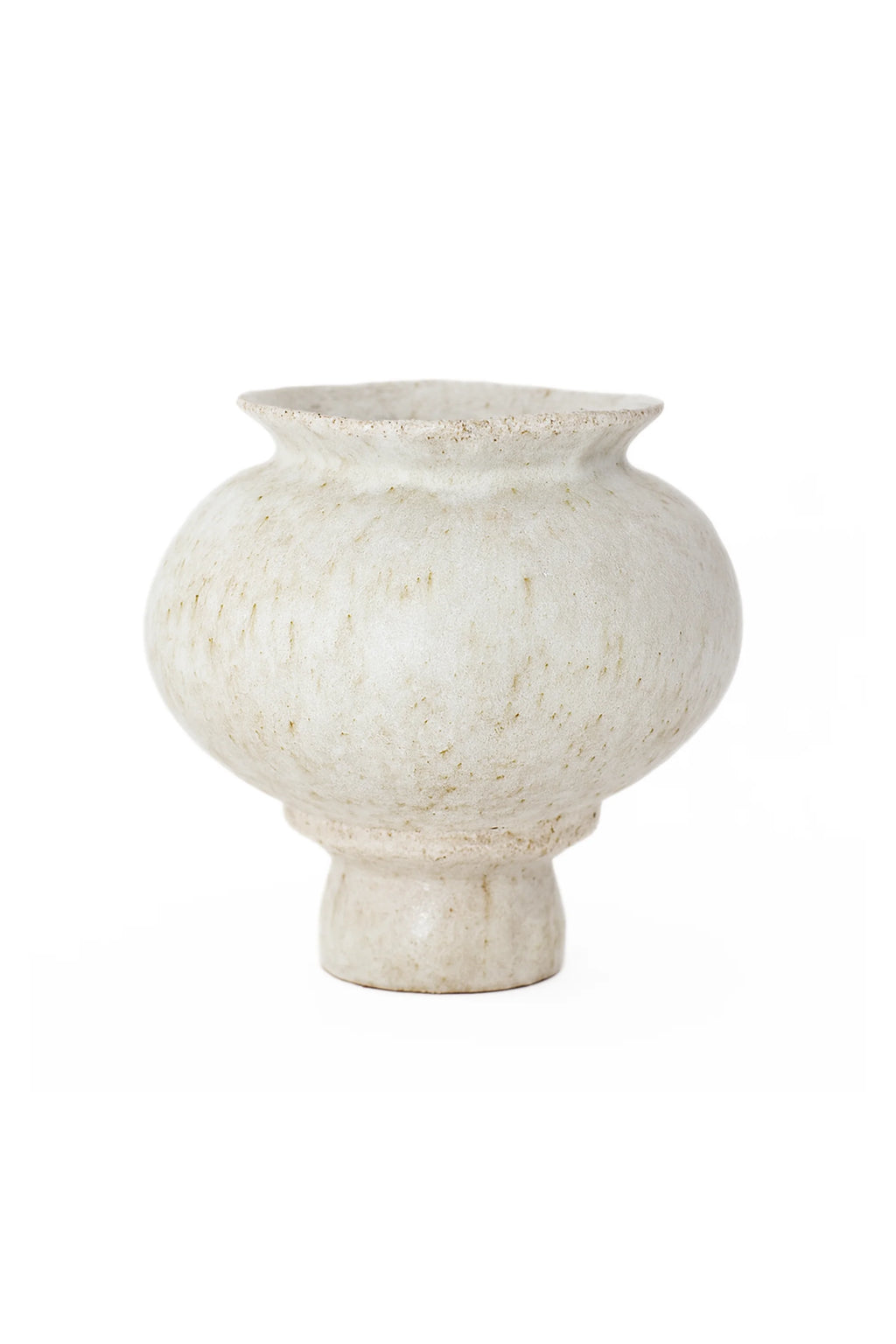 Canoa Lab Arq 007 Vase, a charming, squat, bulbous ceramic vase in a creamy off-white hue with subtle speckling, featuring a wide mouth and a small, sturdy base, presented on a white background.