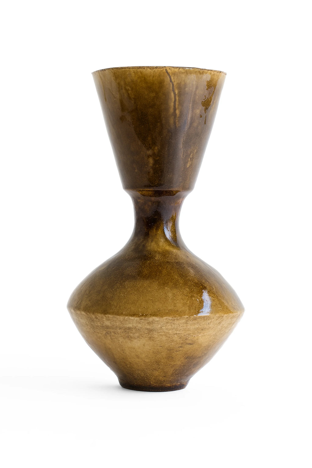 Canoa Lab Arq 008 Vase, a handcrafted organic modern ceramic vase in rich earthy brown and olive green tones, featuring an hourglass silhouette with a glossy upper section and a matte, faceted base. This sculptural stoneware piece is perfect for contemporary shelf styling or as a rustic dining table centerpiece.