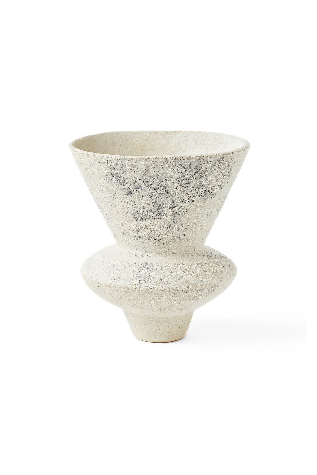 Canoa Lab Arq 010 Cárabo Vase, a contemporary, textured ceramic vase in off-white with dark speckled details, featuring a wide flared top and a rounded, bulbous base, displayed on a white background.