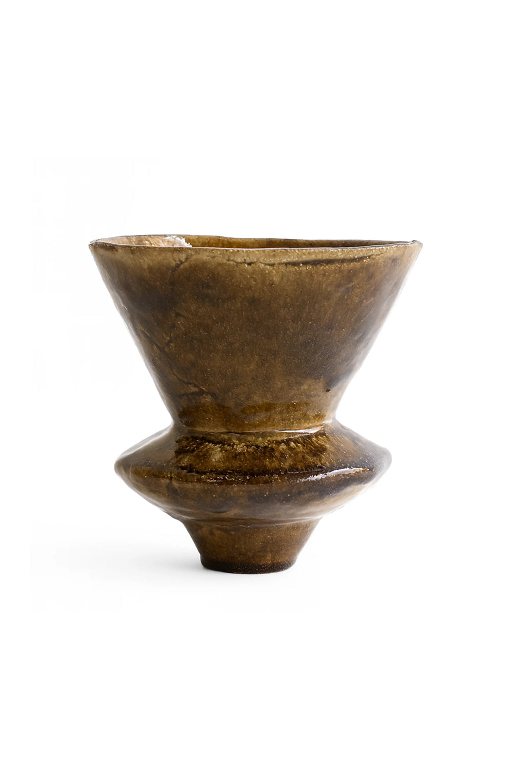 Canoa Lab Arq 010 Vase, a modern, conical ceramic vase in a rich, glossy dark brown glaze, featuring a distinct mid-section bulge and a wide mouth, exuding a sophisticated, earthy aesthetic, on a white background.