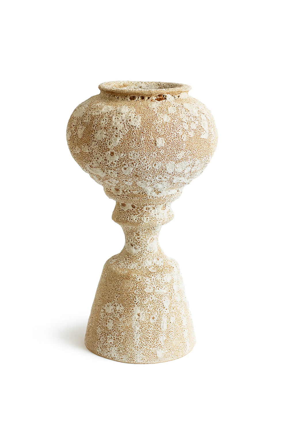 Canoa Lab Arq 012 Vase, a handcrafted ceramic vase featuring a unique porous volcanic texture in warm cream and beige tones, with an organic, sculptural silhouette and a rolled rim. This artisanal stoneware vase showcases a rustic, wabi-sabi aesthetic with its heavily pitted surface and natural color variations, perfect for organic modern shelf styling or as a striking decorative object in a contemporary living room or entryway.