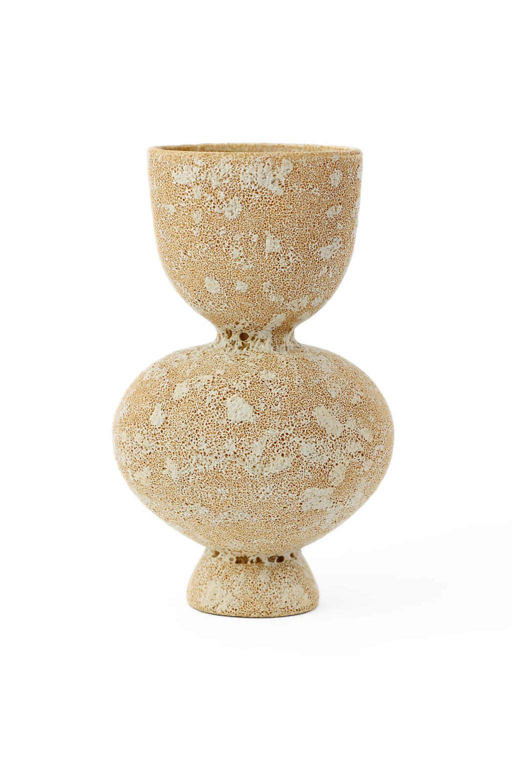 Canoa Lab Arq 013 Vase, a distinctive, two-tiered ceramic vase in a textured beige and white finish, featuring an upper cup-like section connected to a larger, bulbous lower body, creating a modern, sculptural piece, on a white background.