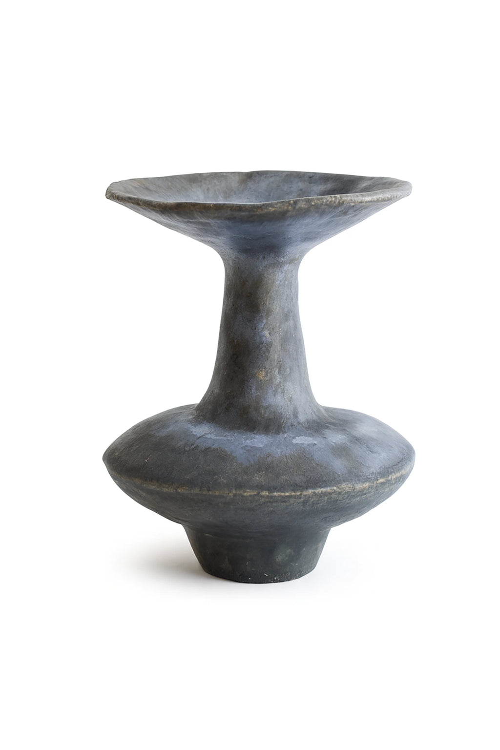 Canoa Lab Arq 015 Vase, a striking, dark grey ceramic vase with a unique hourglass silhouette, featuring a wide, flat top and a bulbous base, showcasing a textured, matte finish, displayed on a white background.